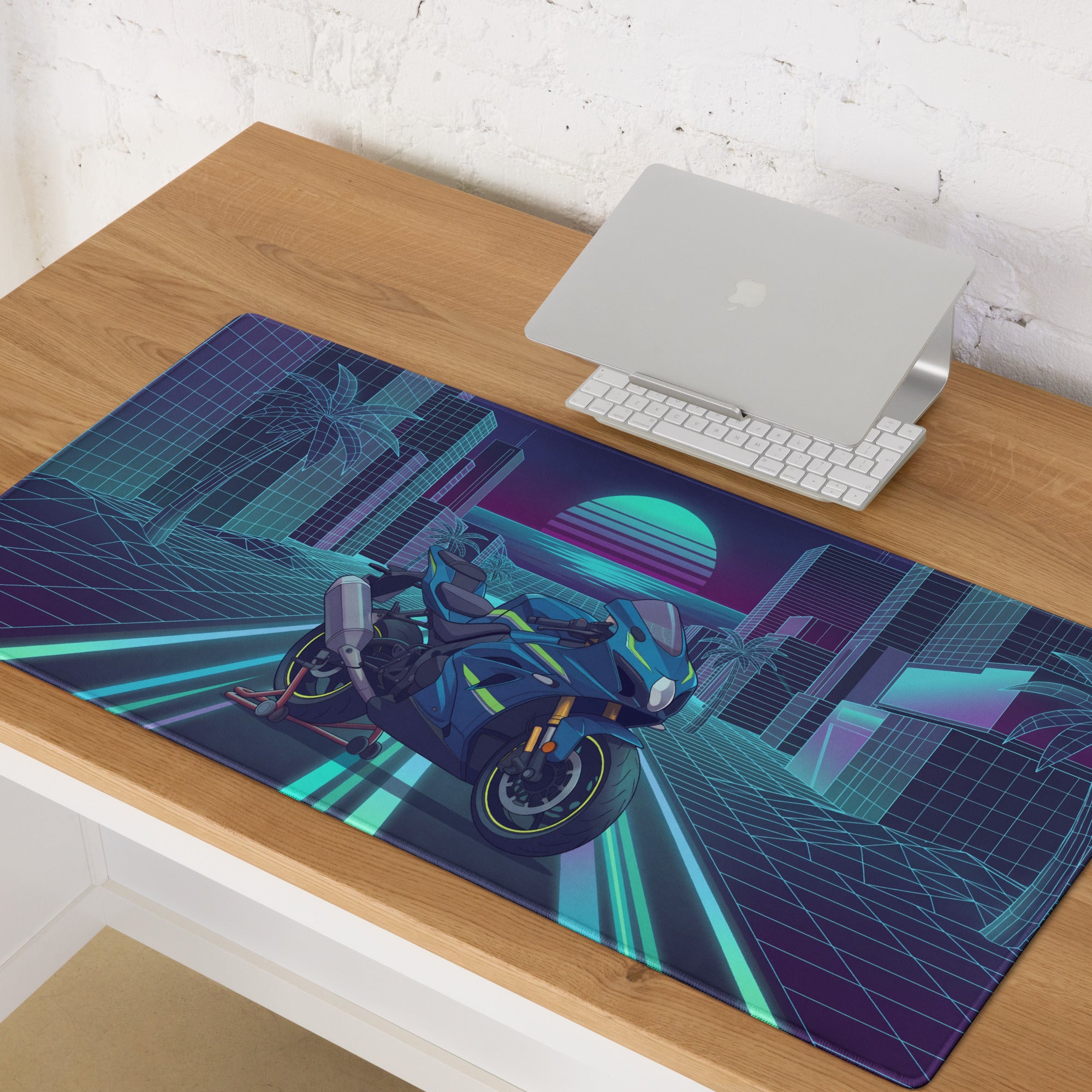 Suzuki GSX-R1000R Inspired Blue Lime Vaporwave Gaming Mouse Pad – Neon Cyber City Grid Desk Mat, Retro Futuristic Synthwave Sportbike Art