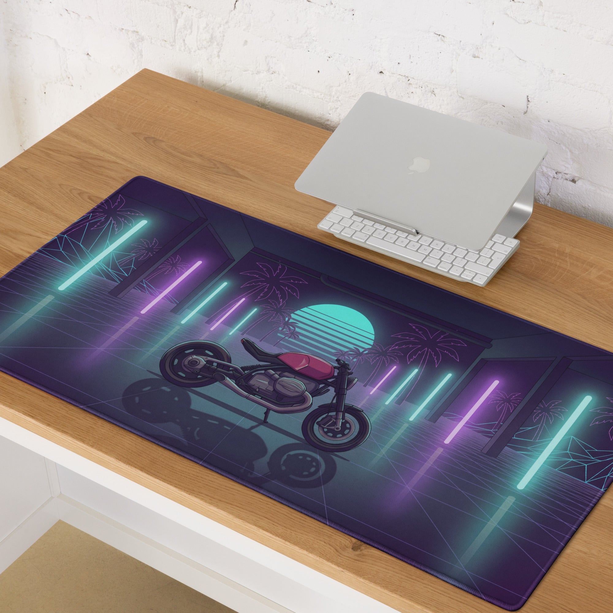 BMW R nineT Inspired Magenta Purple Vaporwave Gaming Mouse Pad – Neon Palm Garage Desk Mat, Retro Futuristic Synthwave Café Racer Digital Art
