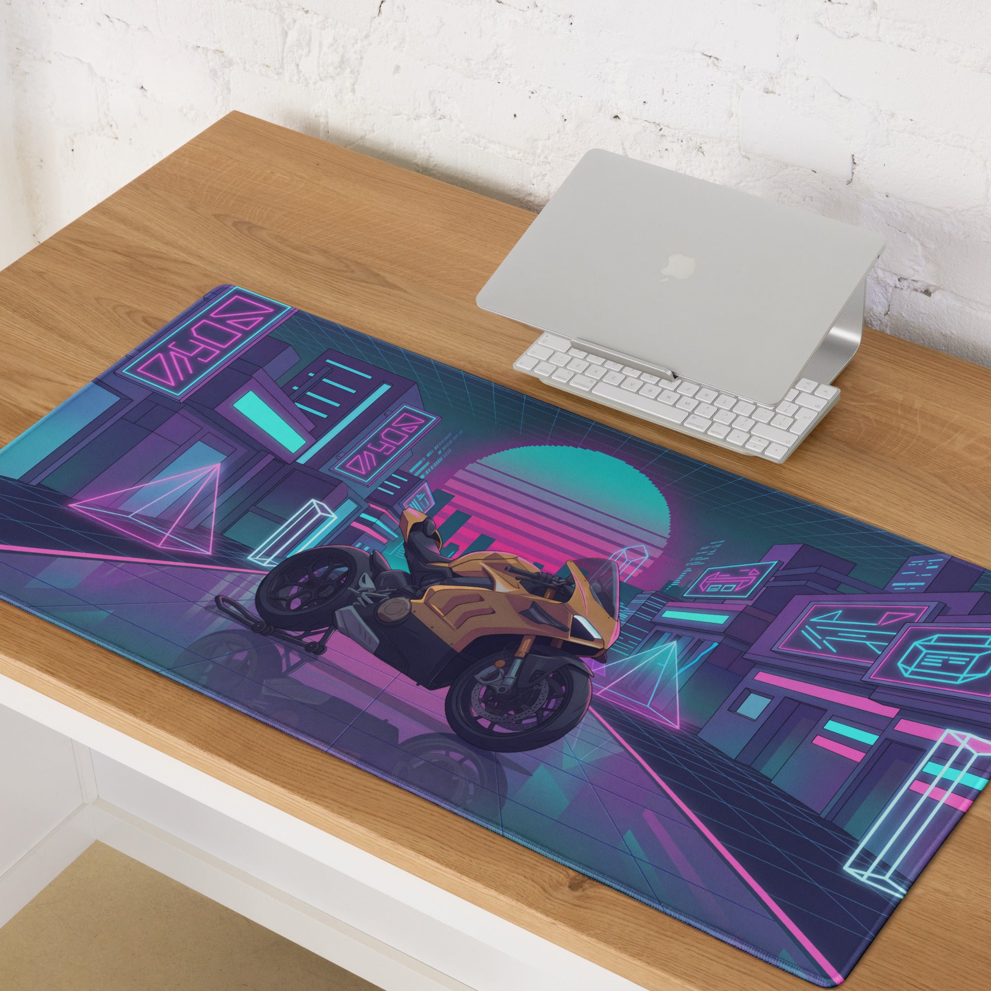 Ducati Panigale V4 Inspired Gold Black Vaporwave Gaming Mouse Pad – Neon Cyber City Desk Mat, Retro Futuristic Synthwave Superbike Digital Art