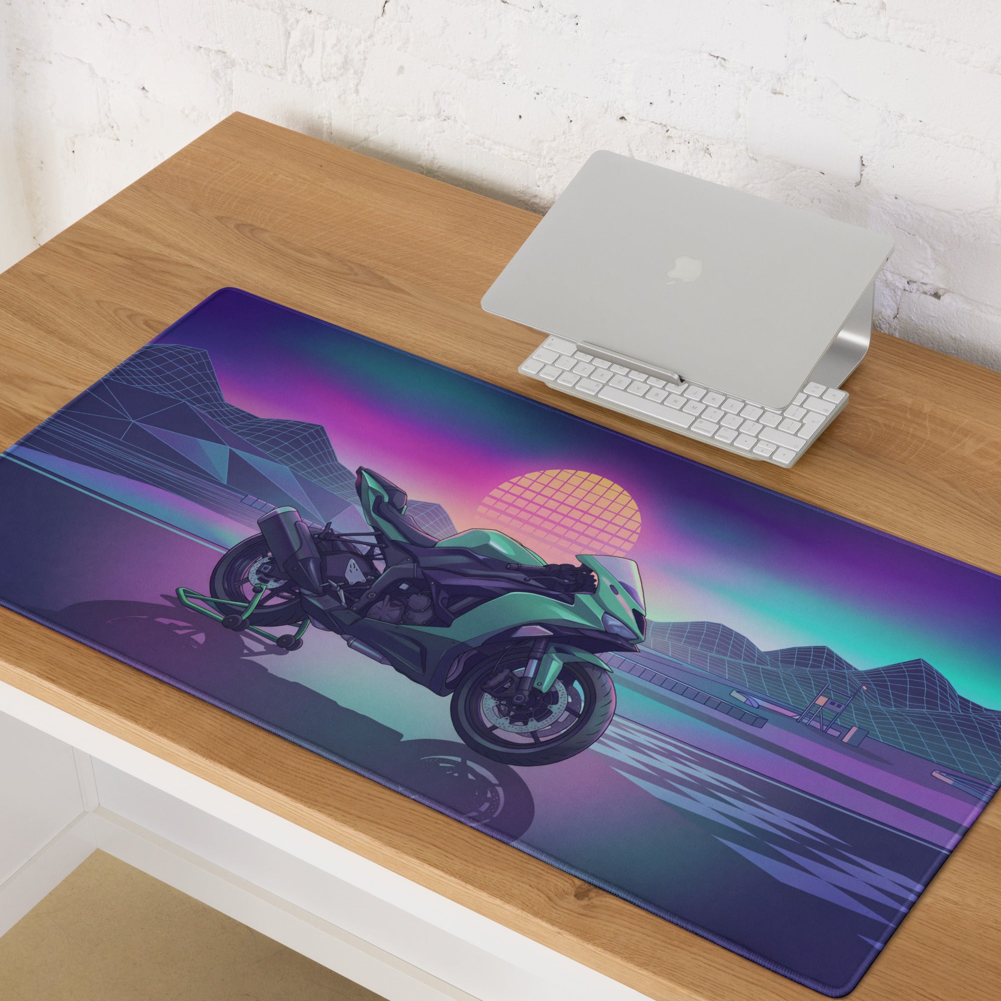 Kawasaki Ninja ZX-6R Inspired Mint Green Vaporwave Gaming Mouse Pad – Neon Sunset Racetrack Desk Mat, Retro Futuristic Sportbike Digital Art