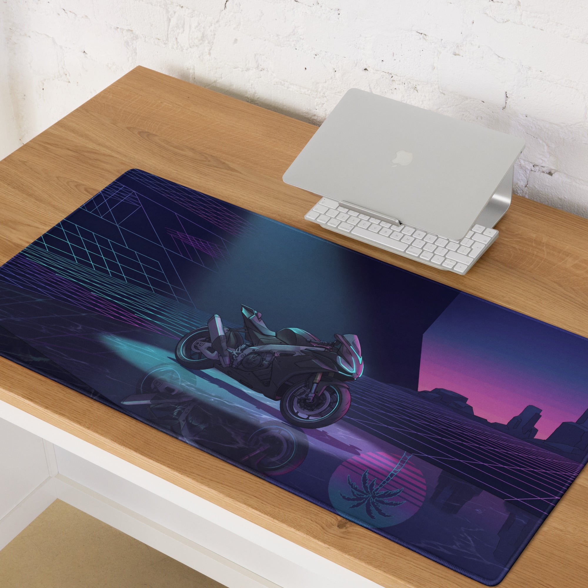 Aprilia RSV4 Inspired Black Teal Vaporwave Gaming Mouse Pad – Neon Desert Grid Desk Mat, Retro Futuristic Synthwave Superbike Digital Art