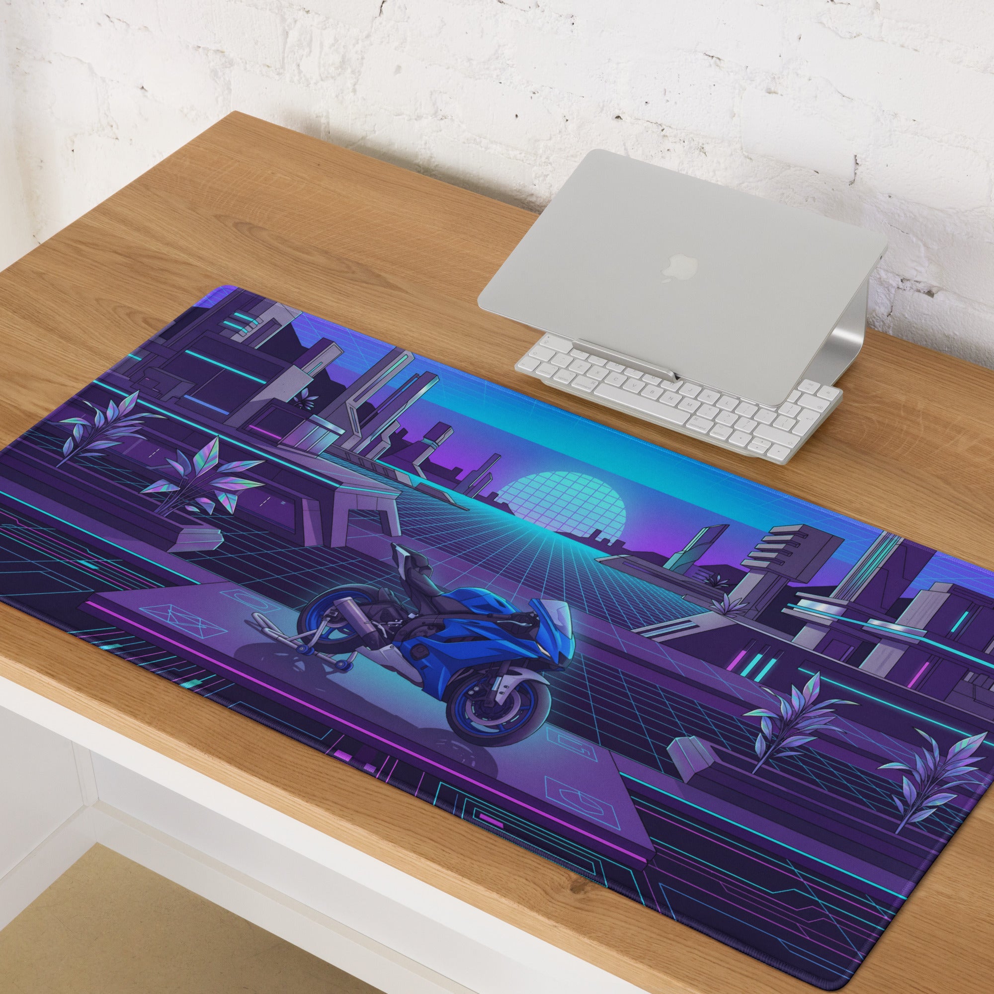 Yamaha R6 Inspired Blue Purple Vaporwave Gaming Mouse Pad – Neon Futuristic City Desk Mat, Retro Synthwave Sportbike Digital Art