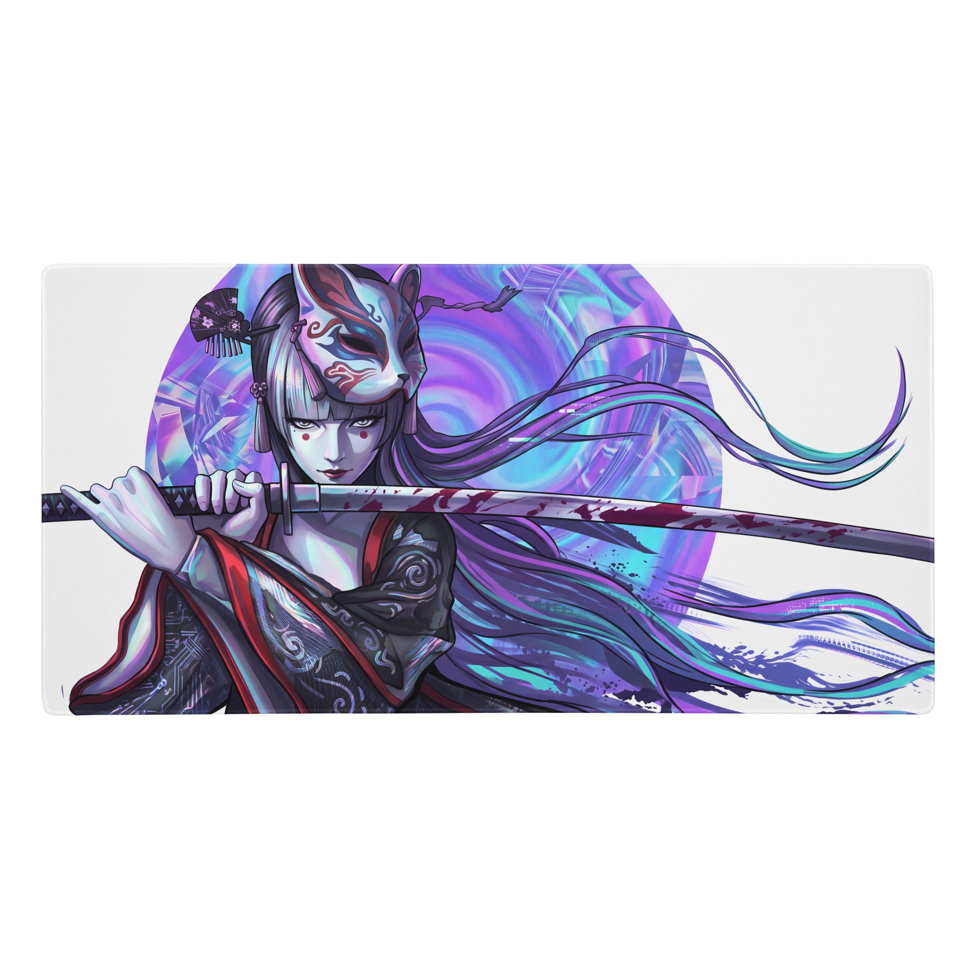 Rectangular gaming mousepad with anime-style masked samurai woman in dark red attire on purple blue vaporwave background