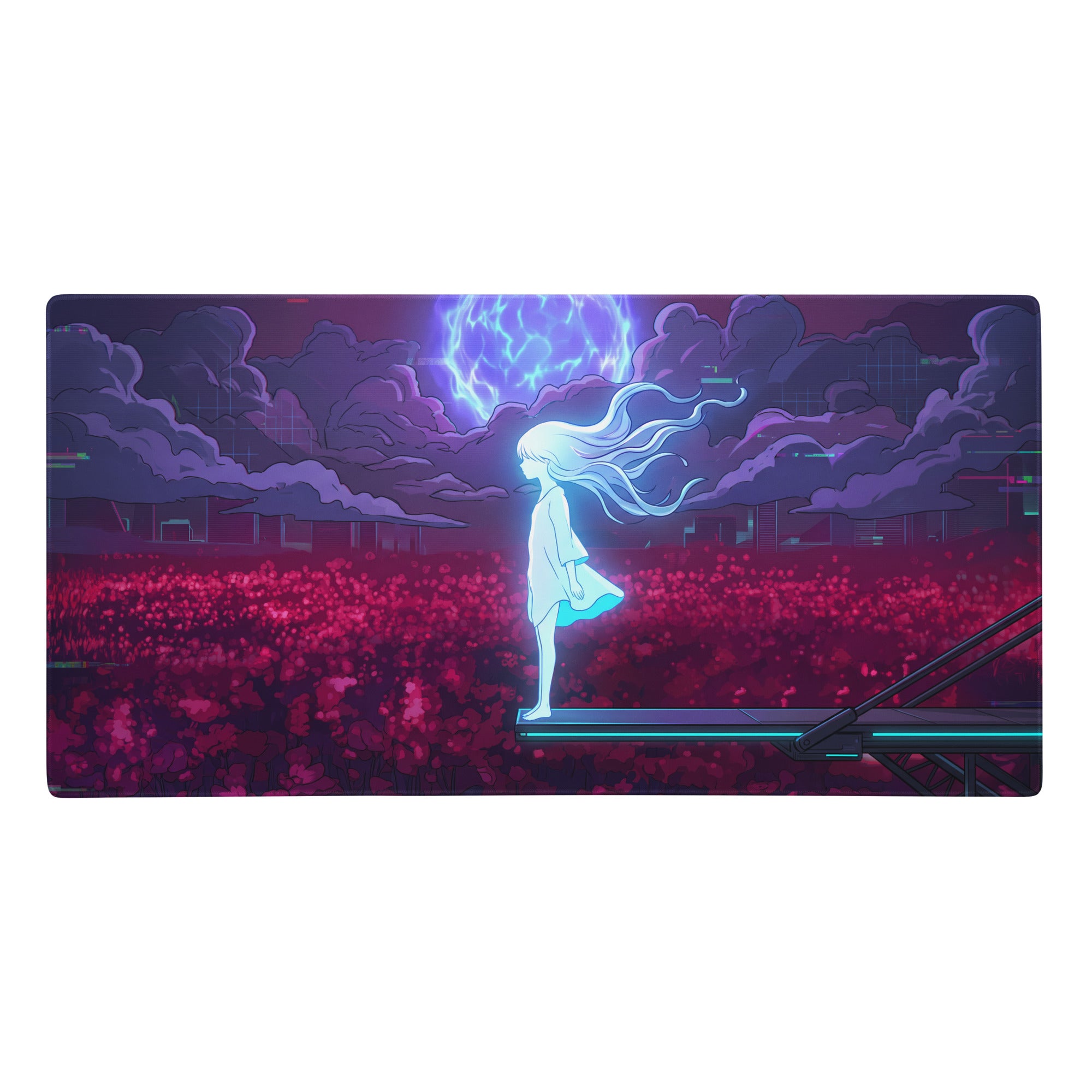 Navy blue and purple anime-themed gaming mousepad featuring a glowing white-haired girl under a neon-lit stormy sky