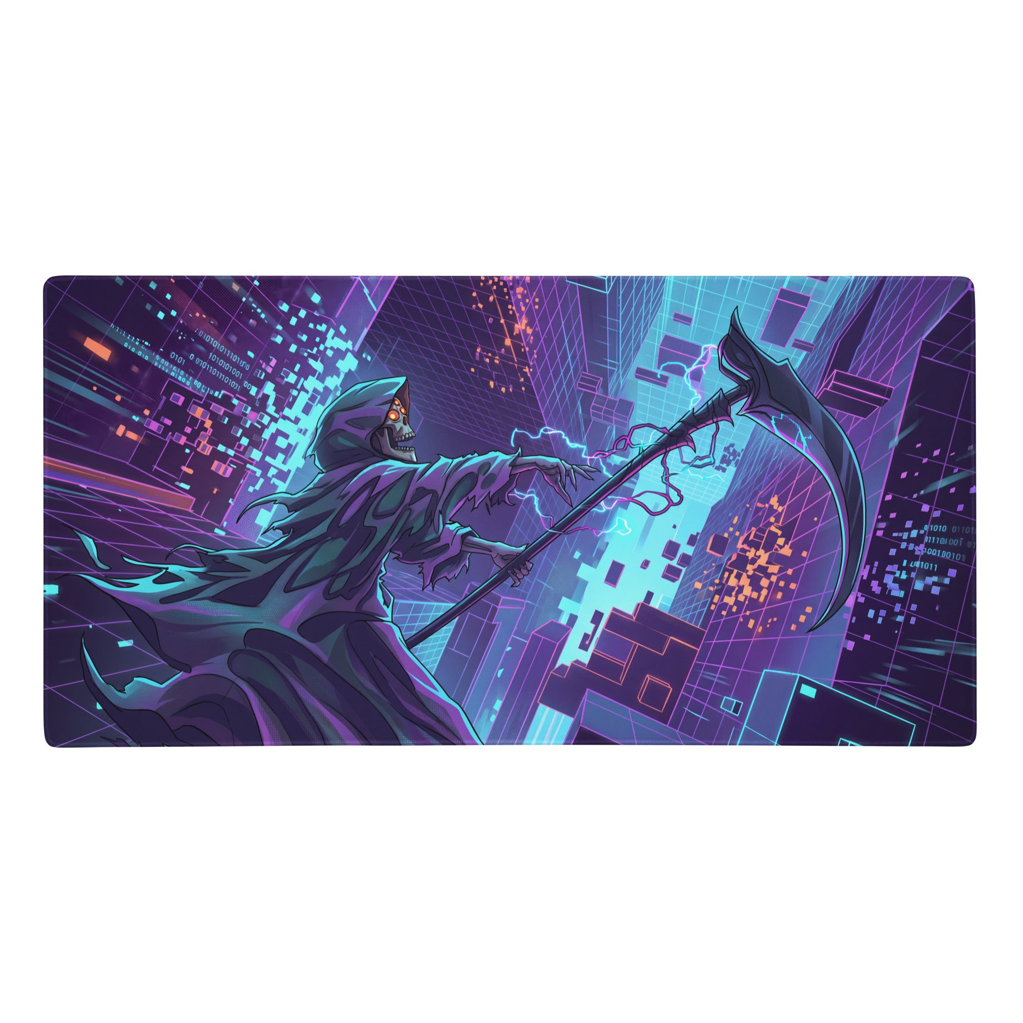 Neon vaporwave dragon mouse pad featuring a necromancer-themed digital cityscape in vibrant purple and cyan hues