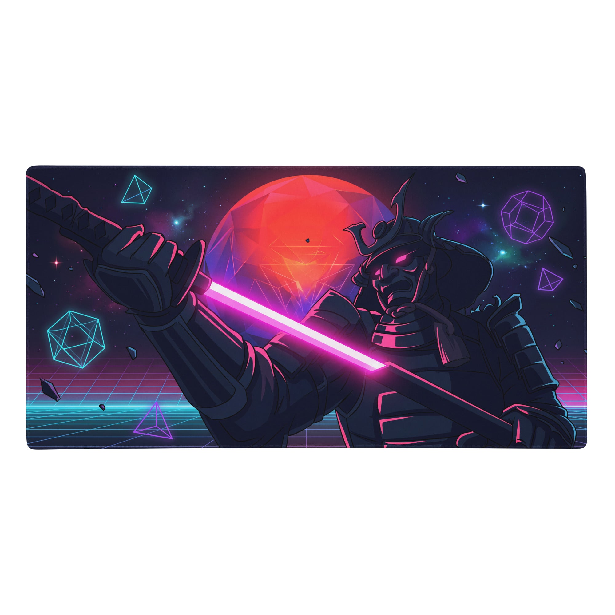 Neon vaporwave galaxy mouse pad with ninja theme featuring glowing pink and blue geometric shapes on cosmic background