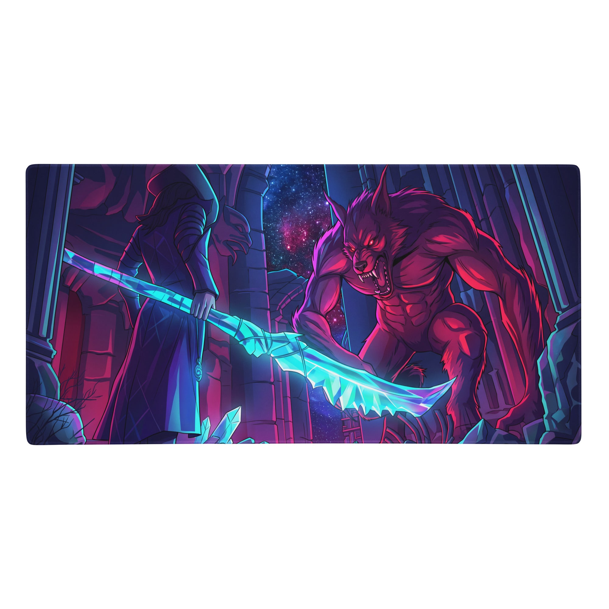 Rectangular gaming mousepad with vibrant red werewolf and blue sword design on a neon purple blue vaporwave cyberpunk background