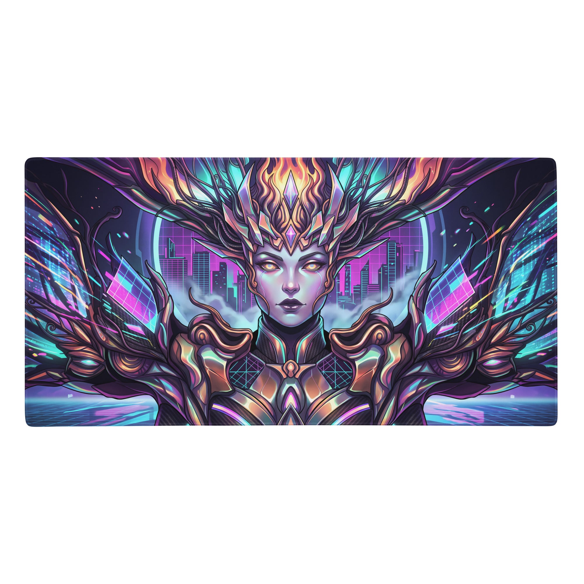 Vibrant neon pink and teal cyberpunk gaming mousepad with stylized female figure and glowing wings for esports use