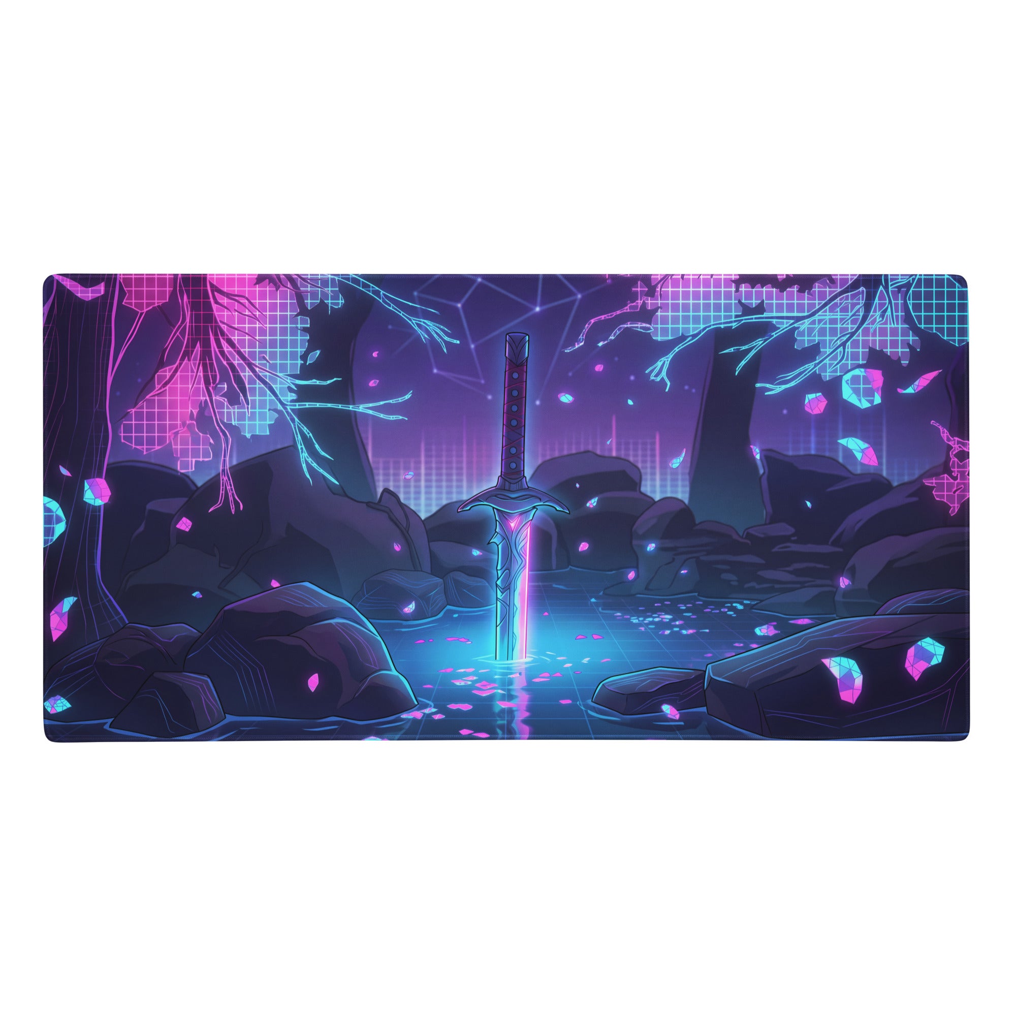 Neon katana vaporwave mouse pad with glowing pink and cyan sword design in a digital forest cyberpunk scene