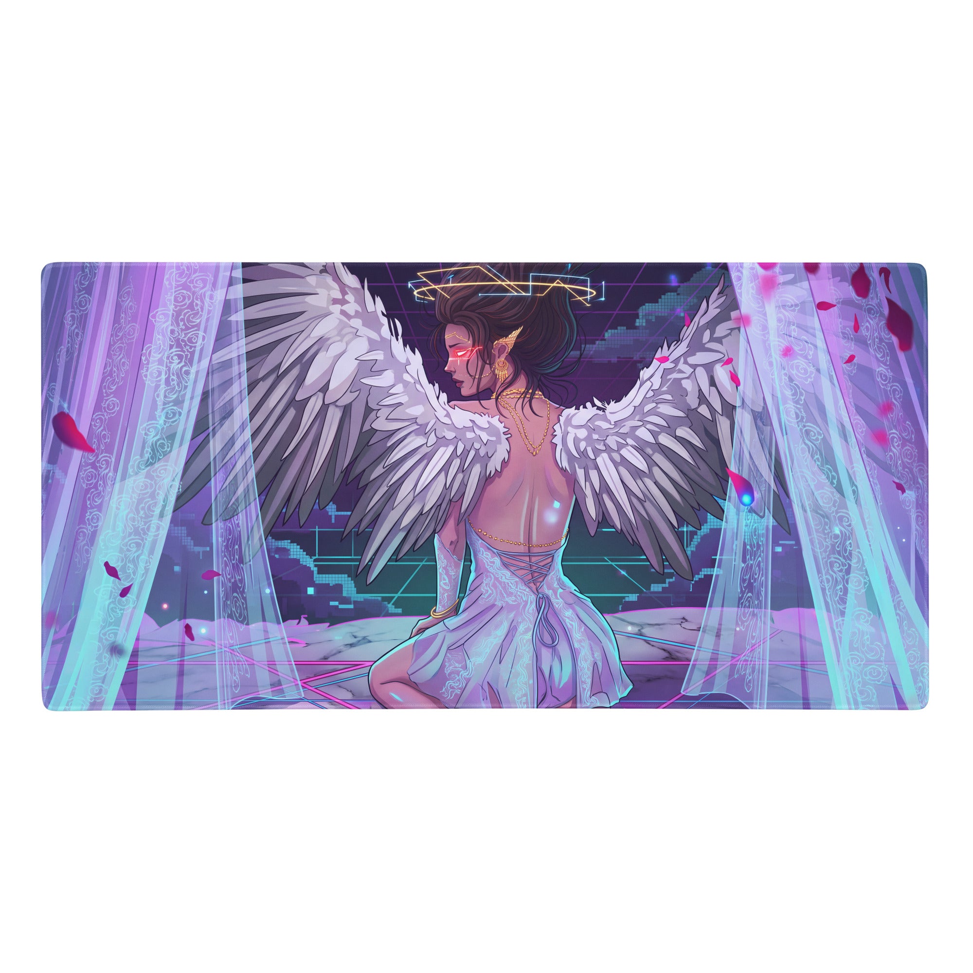 Vaporwave angel wing pad gaming mat with neon pink blue digital angel art and cyberpunk purple teal background