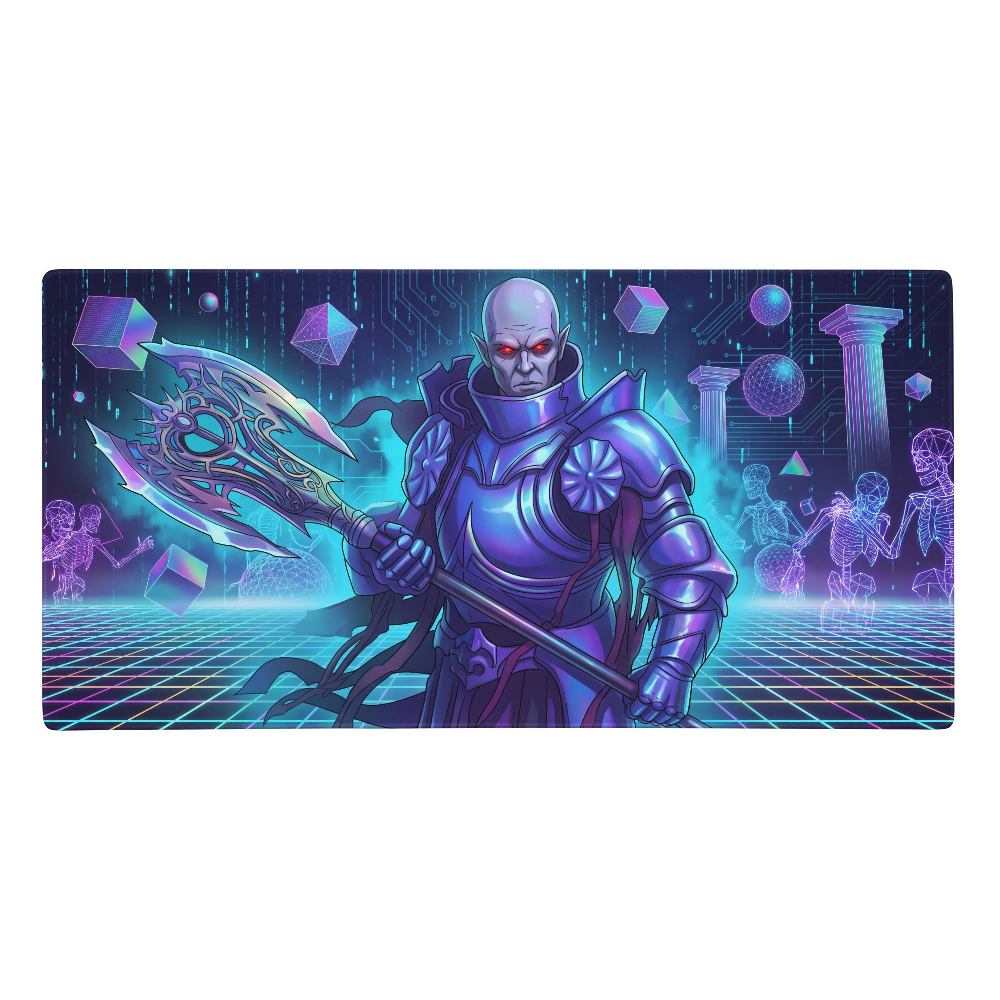 Purple armored warrior with glowing red eyes on a vaporwave neon warrior rectangular gaming mouse pad in blue and purple
