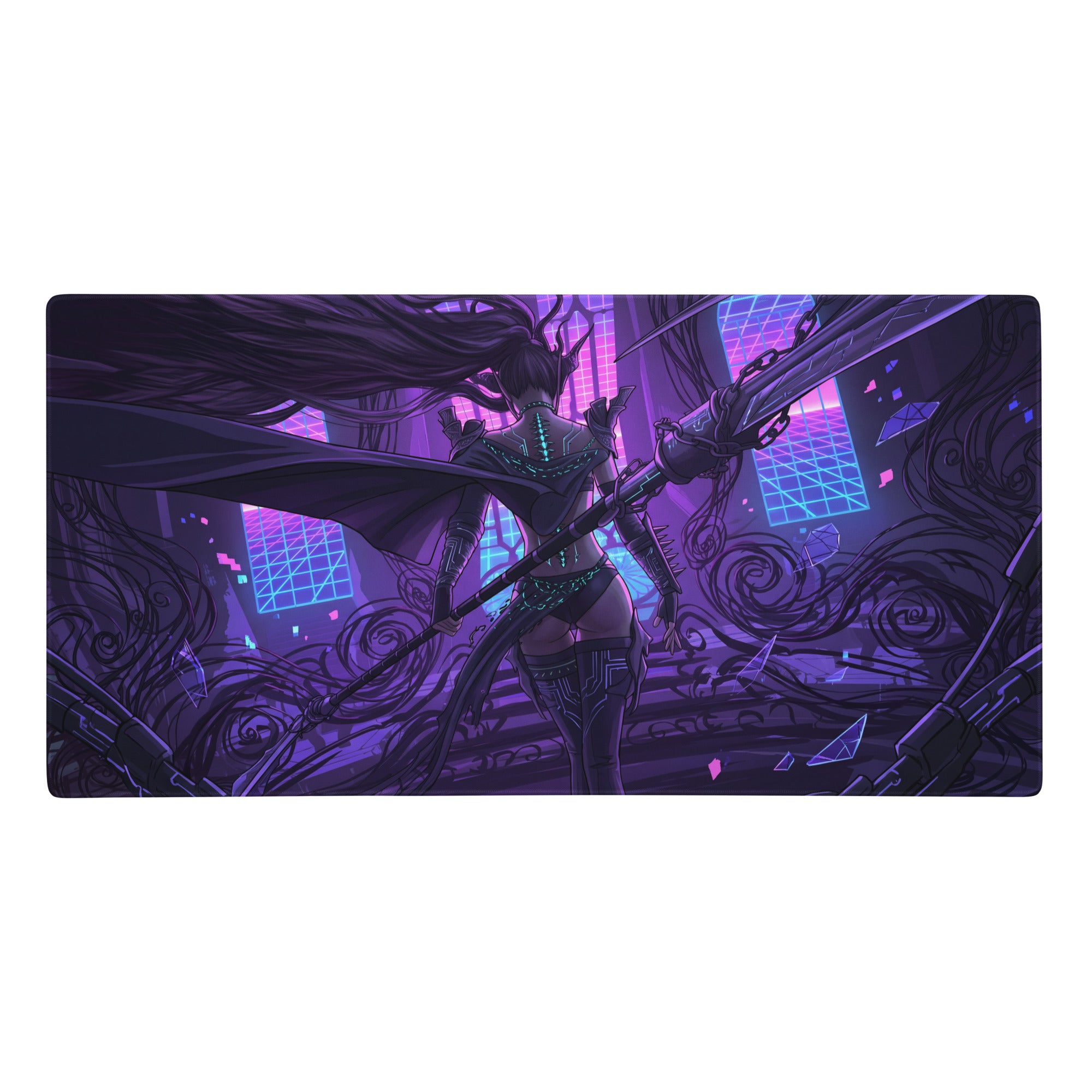 Vaporwave neon blade gaming mouse pad with purple and blue neon lighting and fantasy warrior design for gaming setup