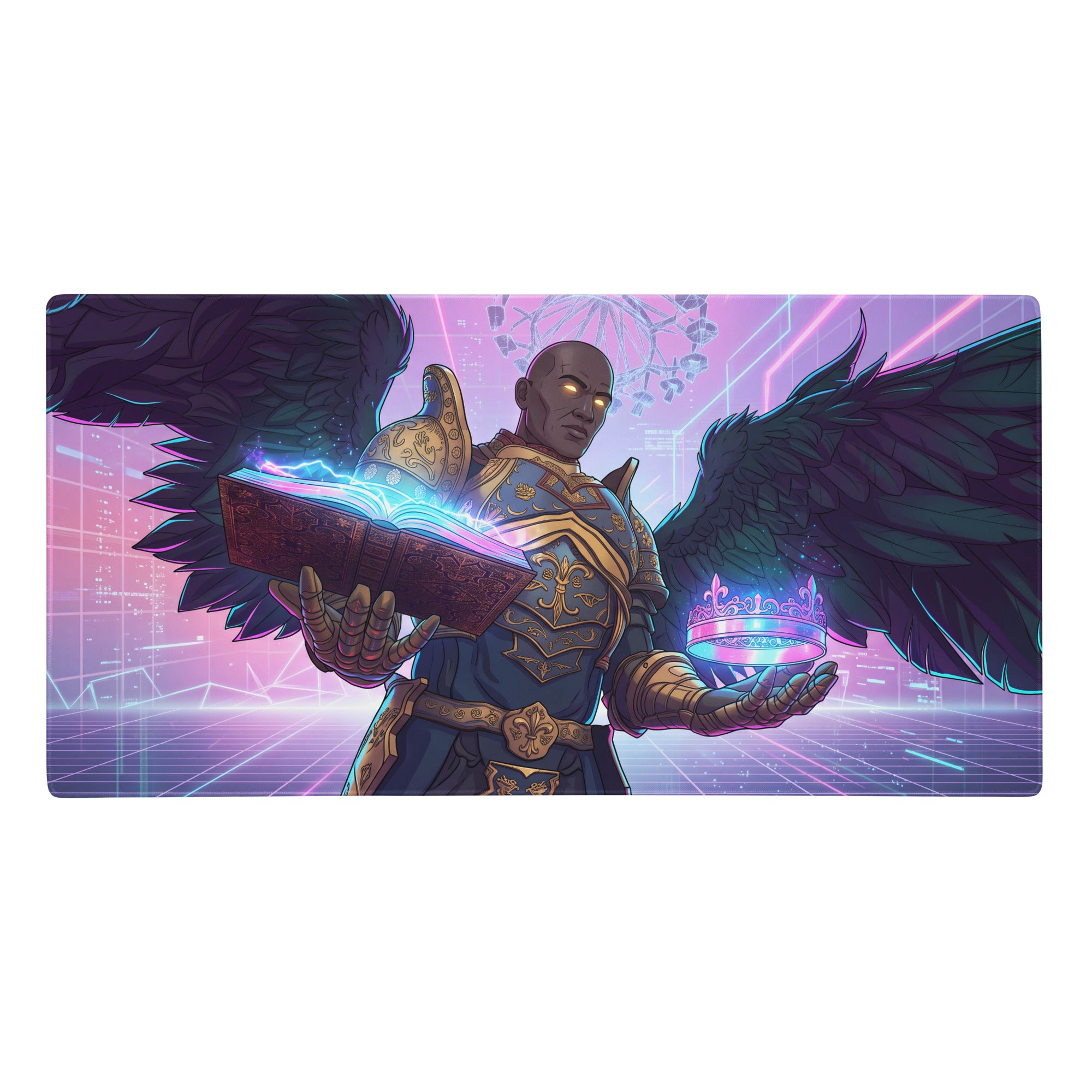 Vaporwave angel neon pad mouse pad with dark-skinned angelic warrior in blue and gold armor on pink purple digital cityscape
