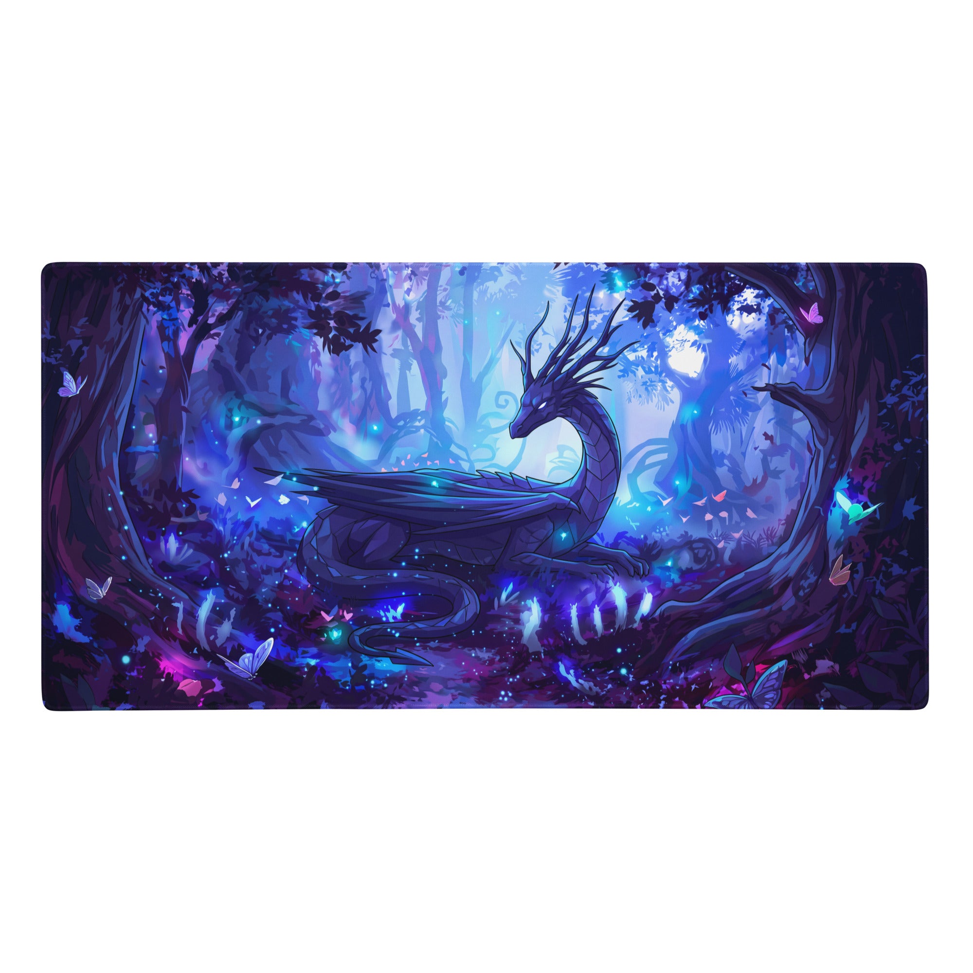 A rectangular neon dragon vaporwave mouse pad with a glowing purple and blue enchanted forest design
