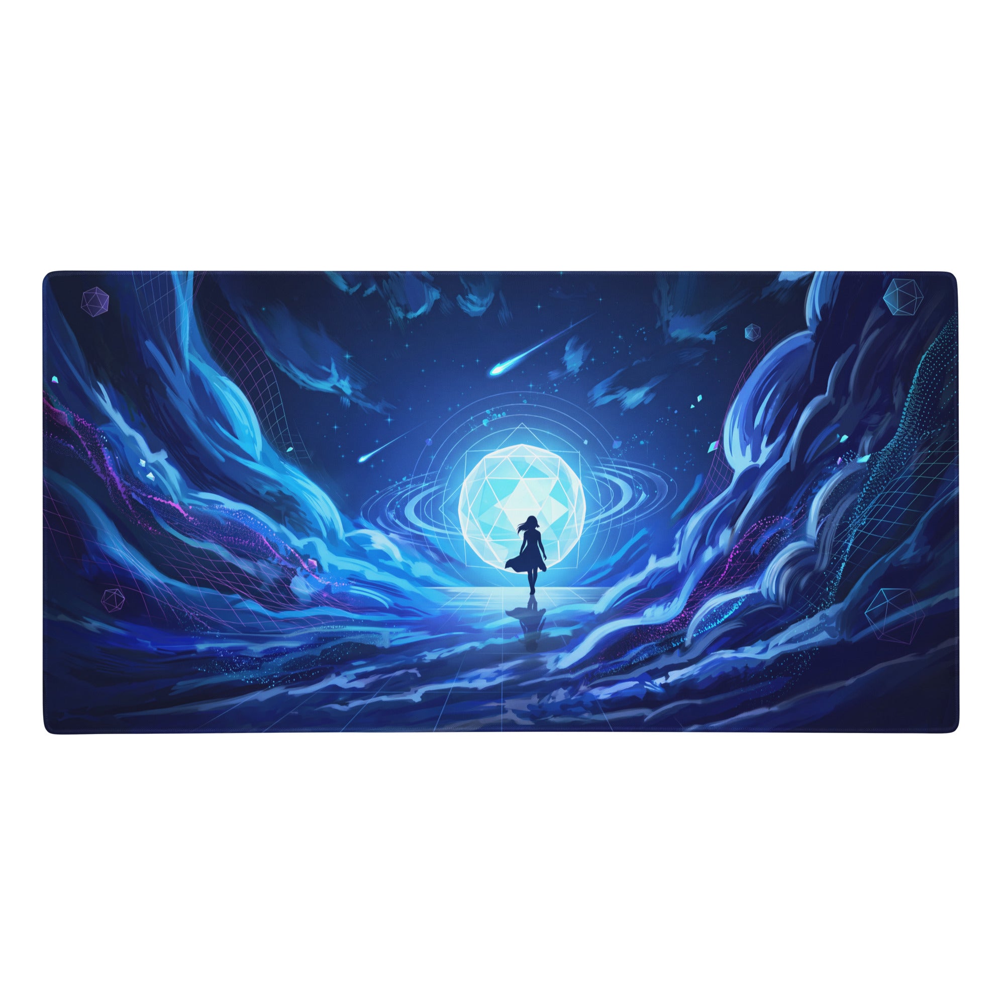 Vaporwave neon ocean rectangular gaming mousepad with vibrant blue cosmic scene and glowing geometric patterns
