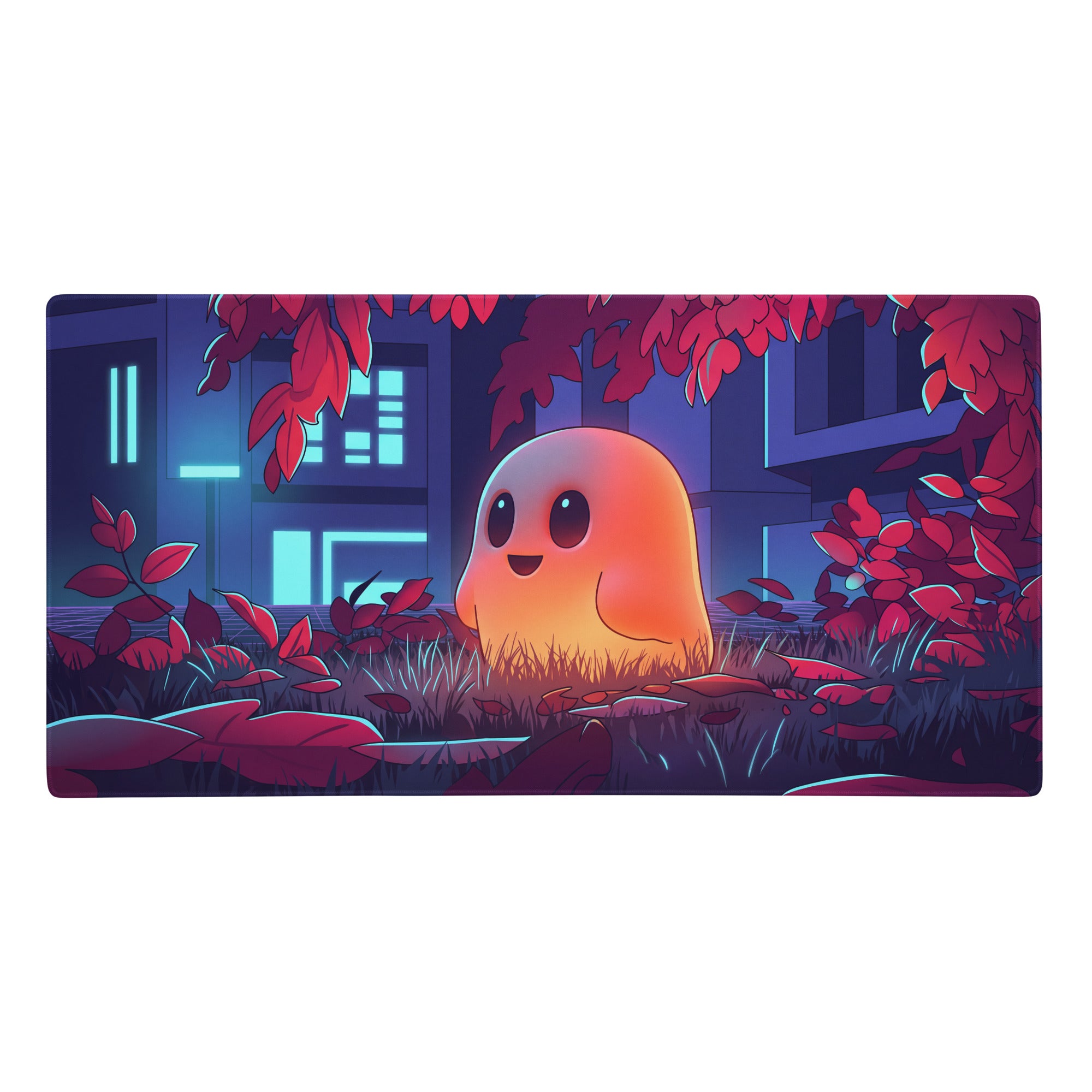 A glowing orange cartoon ghost with big black eyes sits in red foliage under a dark neon-lit city on a vaporwave desk mat