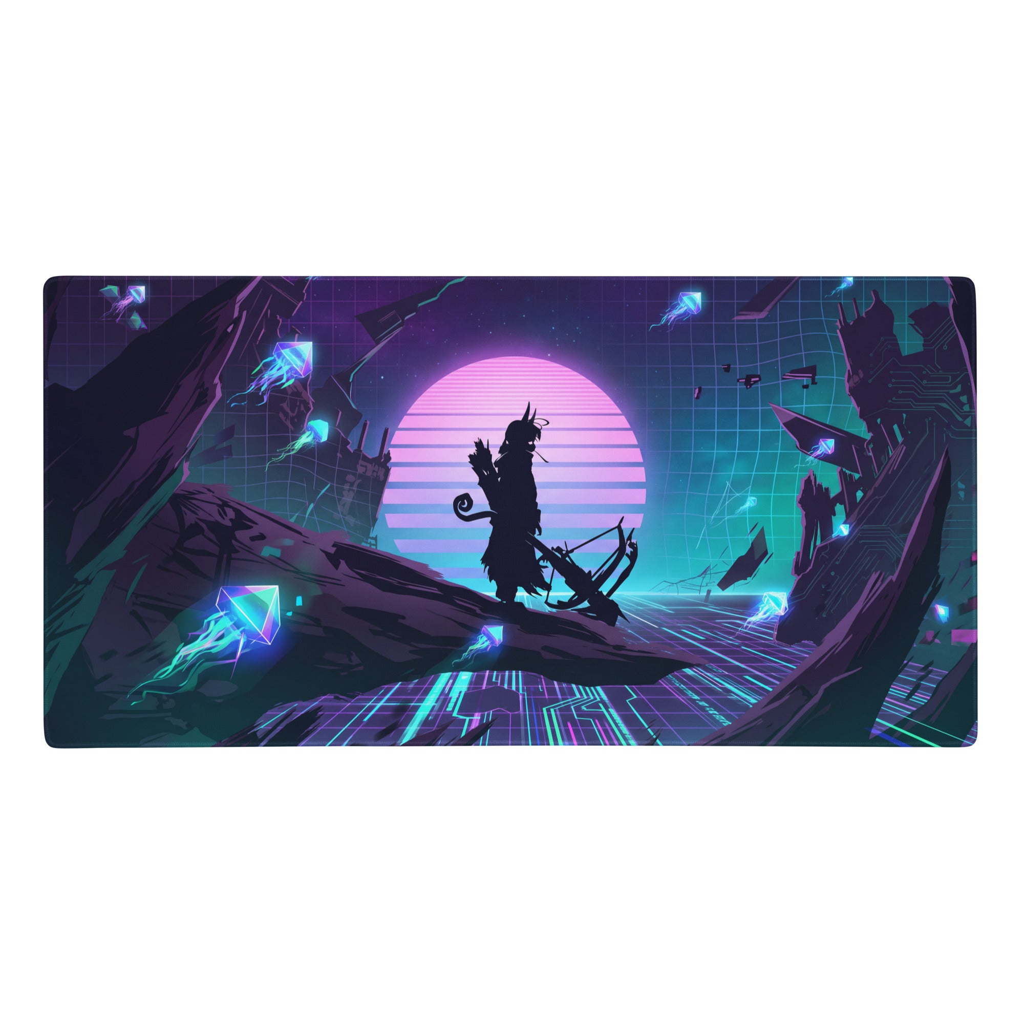 Nineteen-inch rectangular vaporwave neon gaming mouse pad with neon purple teal cyberpunk bow character design