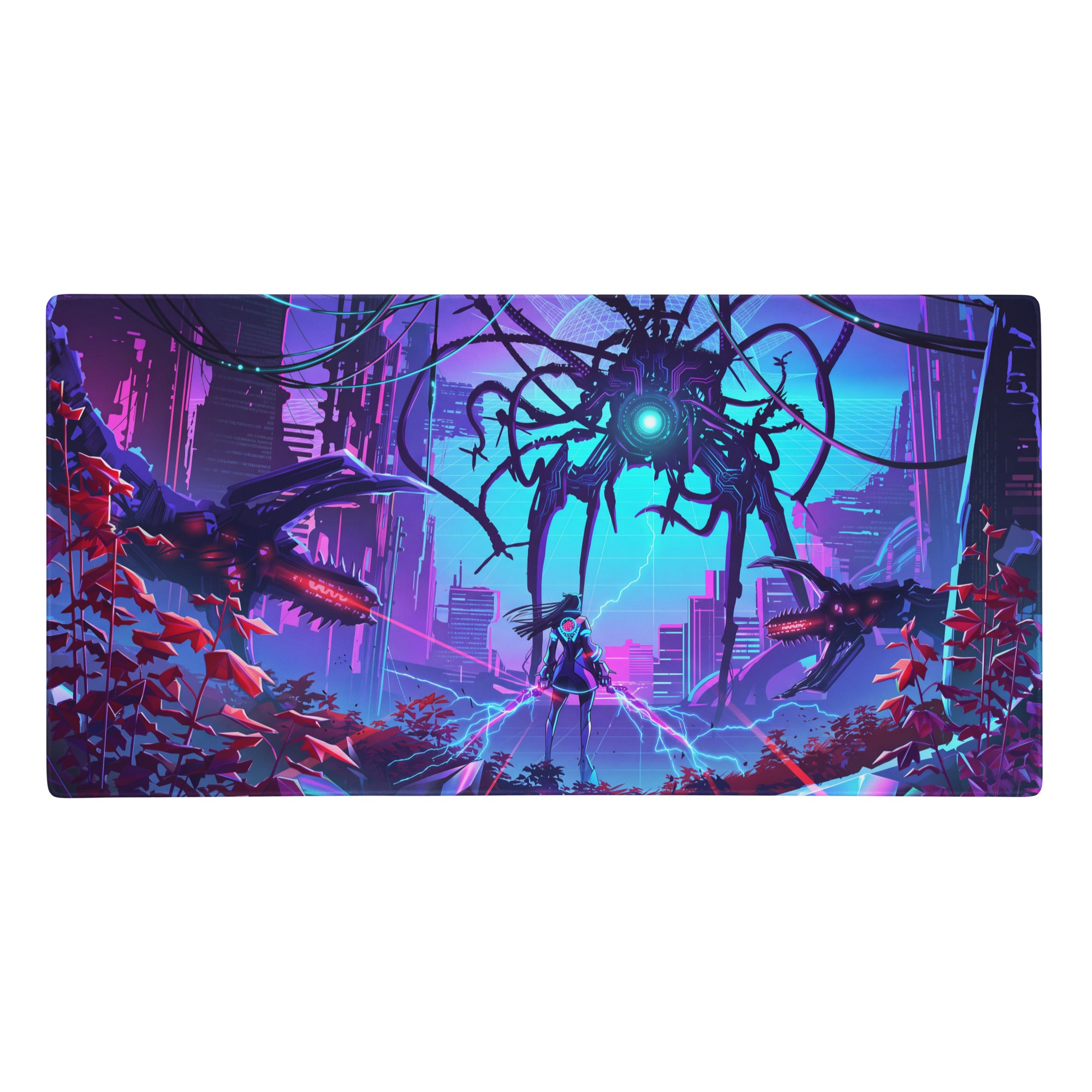 Vaporwave neon gaming mouse pad with nebula-themed cyberpunk cityscape glowing purples blues mechanical creatures