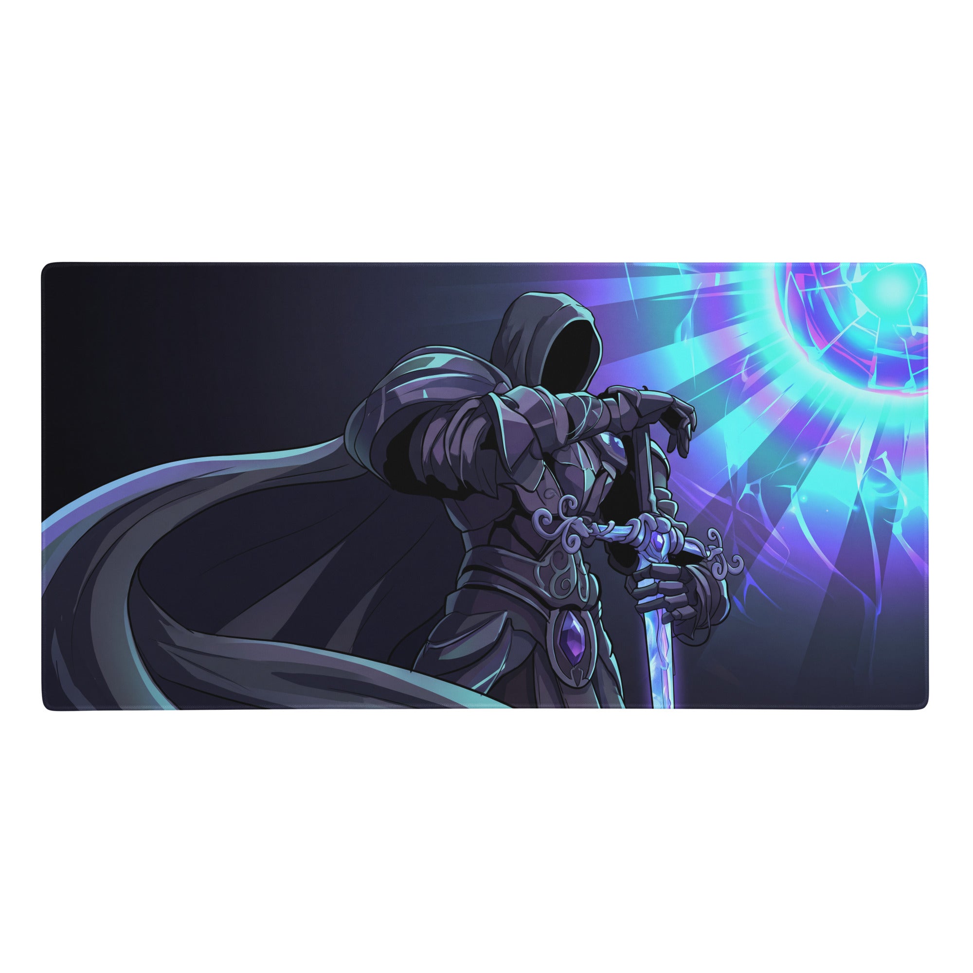 Dark armored knight with ornate sword stands before a glowing blue purple portal on vaporwave neon horizon mouse pad