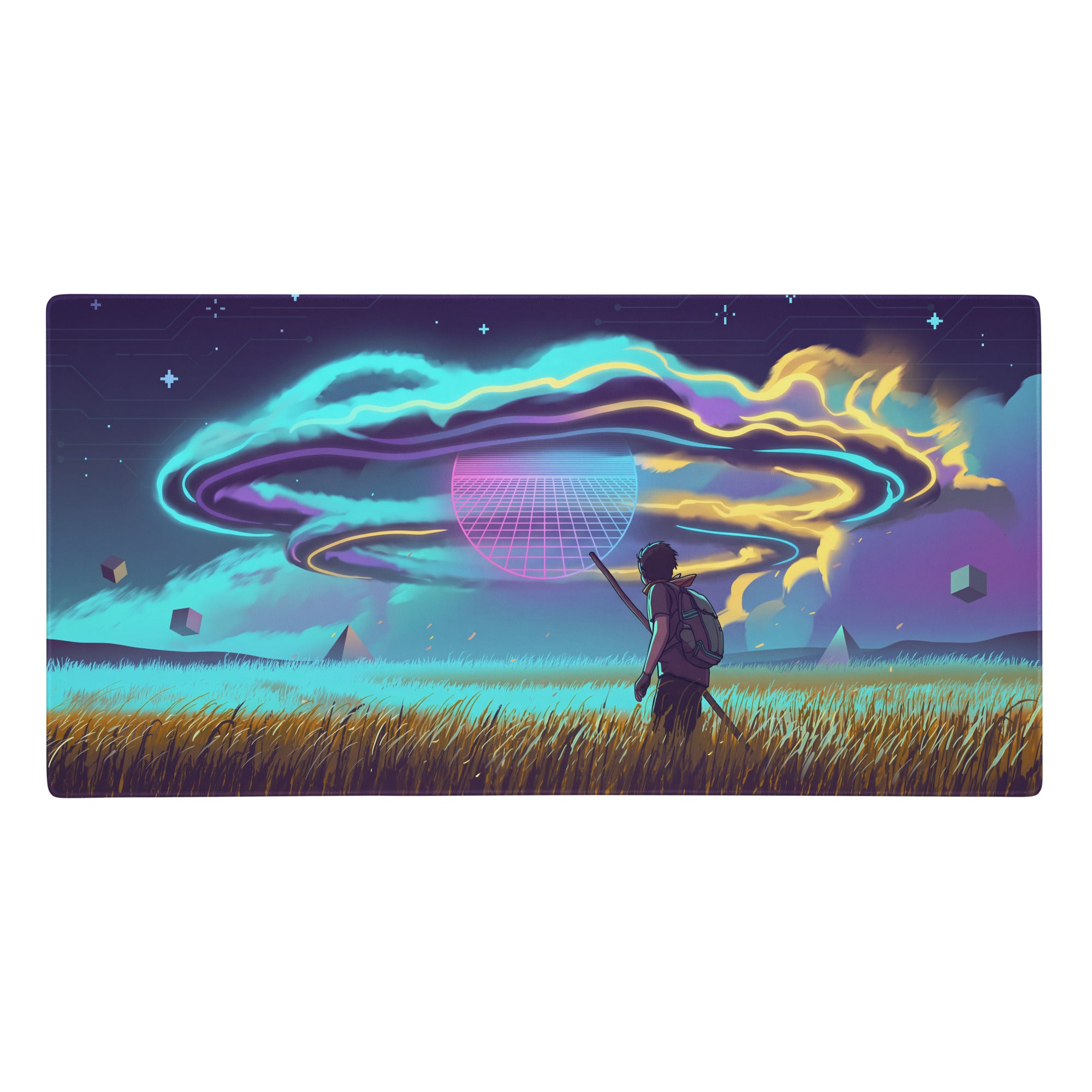 Vaporwave neon galaxy gaming mouse pad with neon purple cyan digital art featuring a lone figure under a glowing ufo