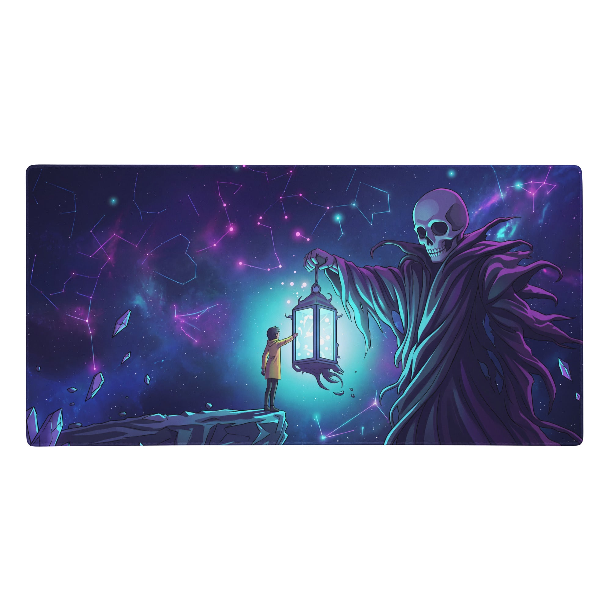 Neon skull vaporwave rectangular gaming mat with grim reaper and cosmic sky in vibrant purple and pink neon colors