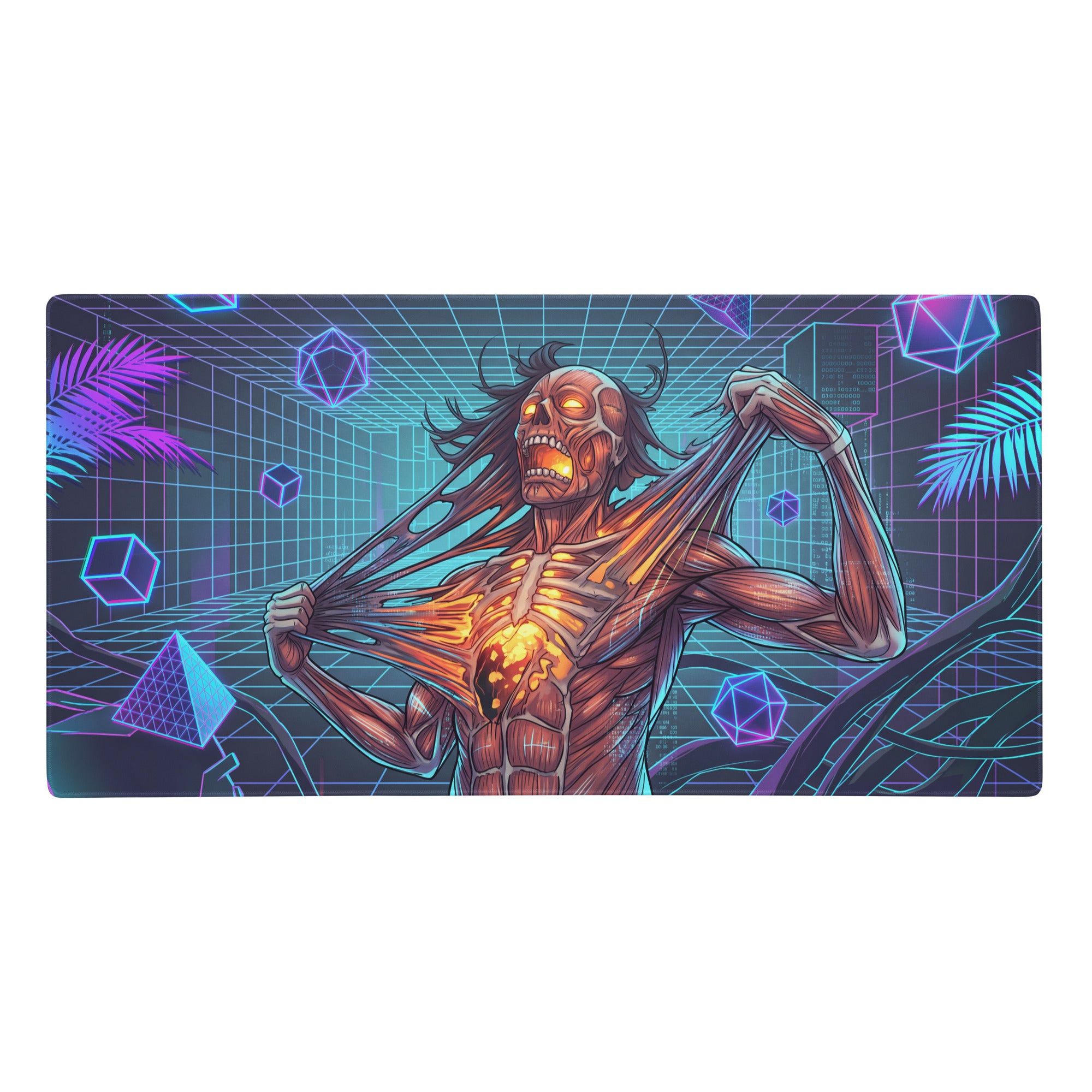 Vaporwave neon zombie mouse pad with muscular skeletal figure in pink purple and blue geometric neon design for gaming desk