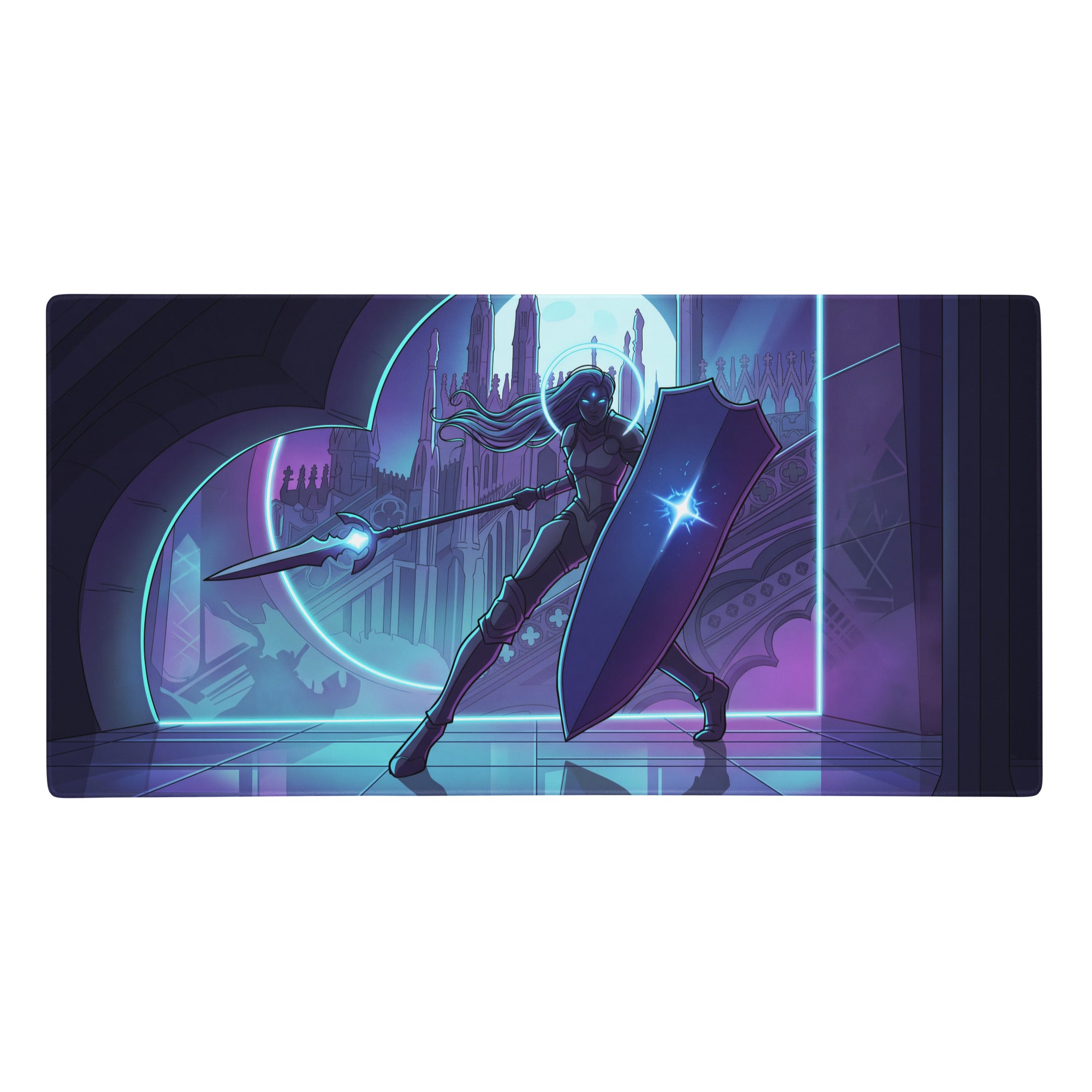 Neon knight vaporwave mouse pad with purple and blue fantasy gaming mat featuring a warrior with glowing weapon and shield