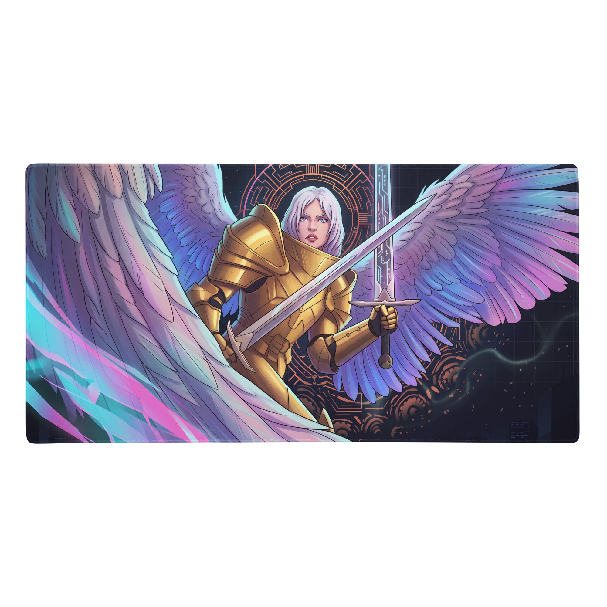 Aether wings vaporwave mouse pad with rectangular design and angelic warrior in golden armor with neon purple blue wings