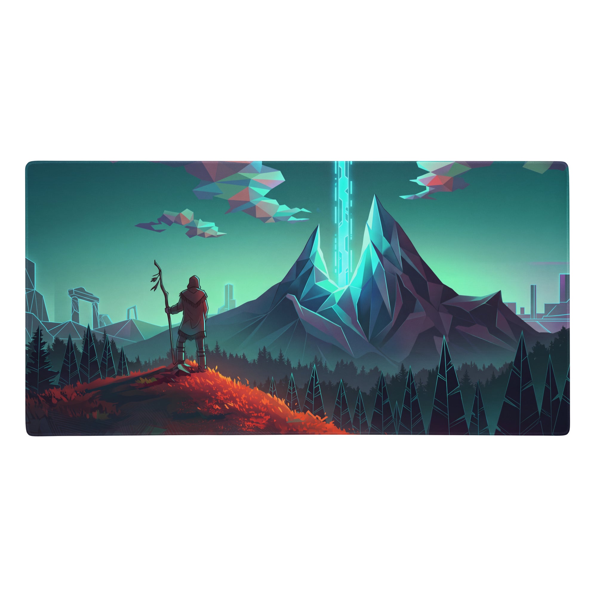 Rectangular vaporwave mountain neon mouse pad with teal and purple mountains and glowing blue energy beam design