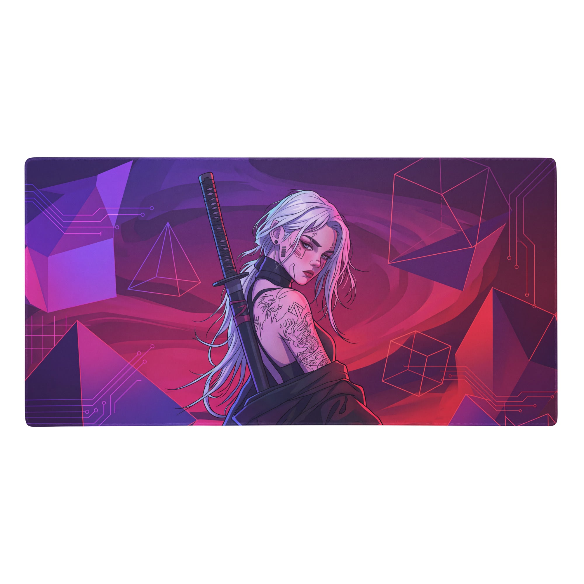 Rectangular gaming mat with silver haired anime warrior holding katana on purple pink vaporwave gradient background