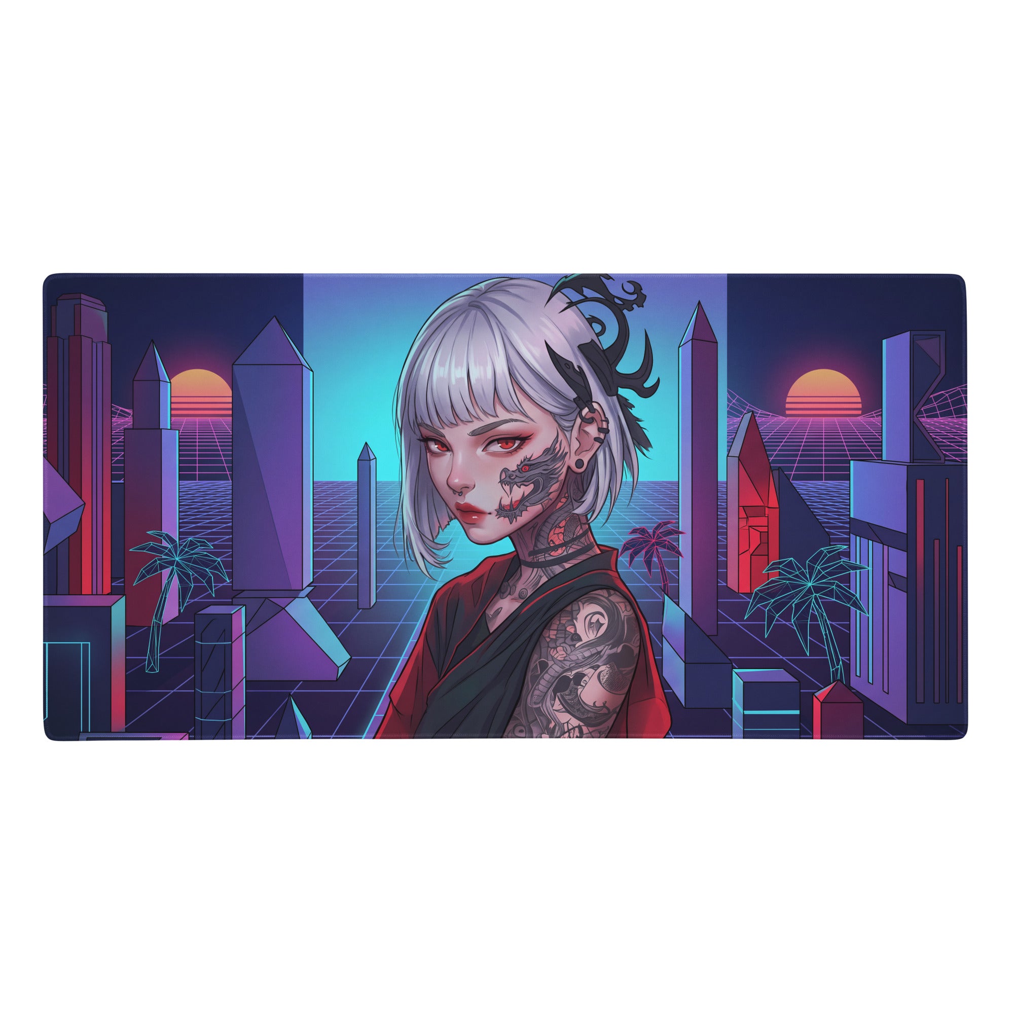 Neon vaporwave cityscape gaming mouse pad with stylized silver-haired anime girl and neon purple pink cyan design
