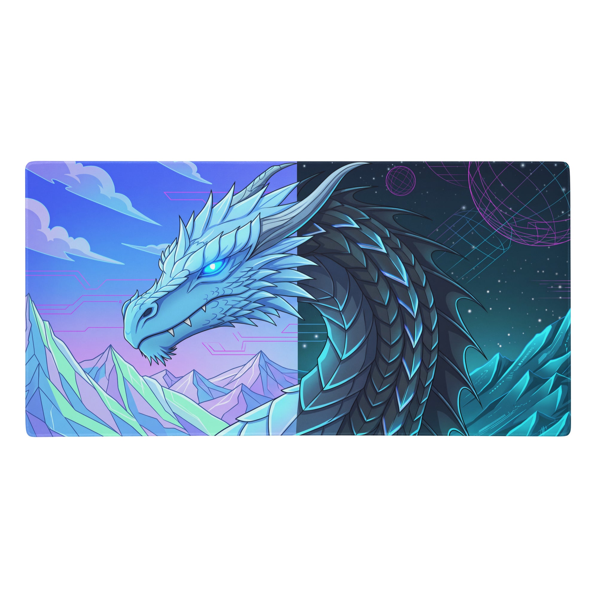 Neon dragon vaporwave rectangular gaming mousepad with glowing blue eyes and teal purple cosmic icy design