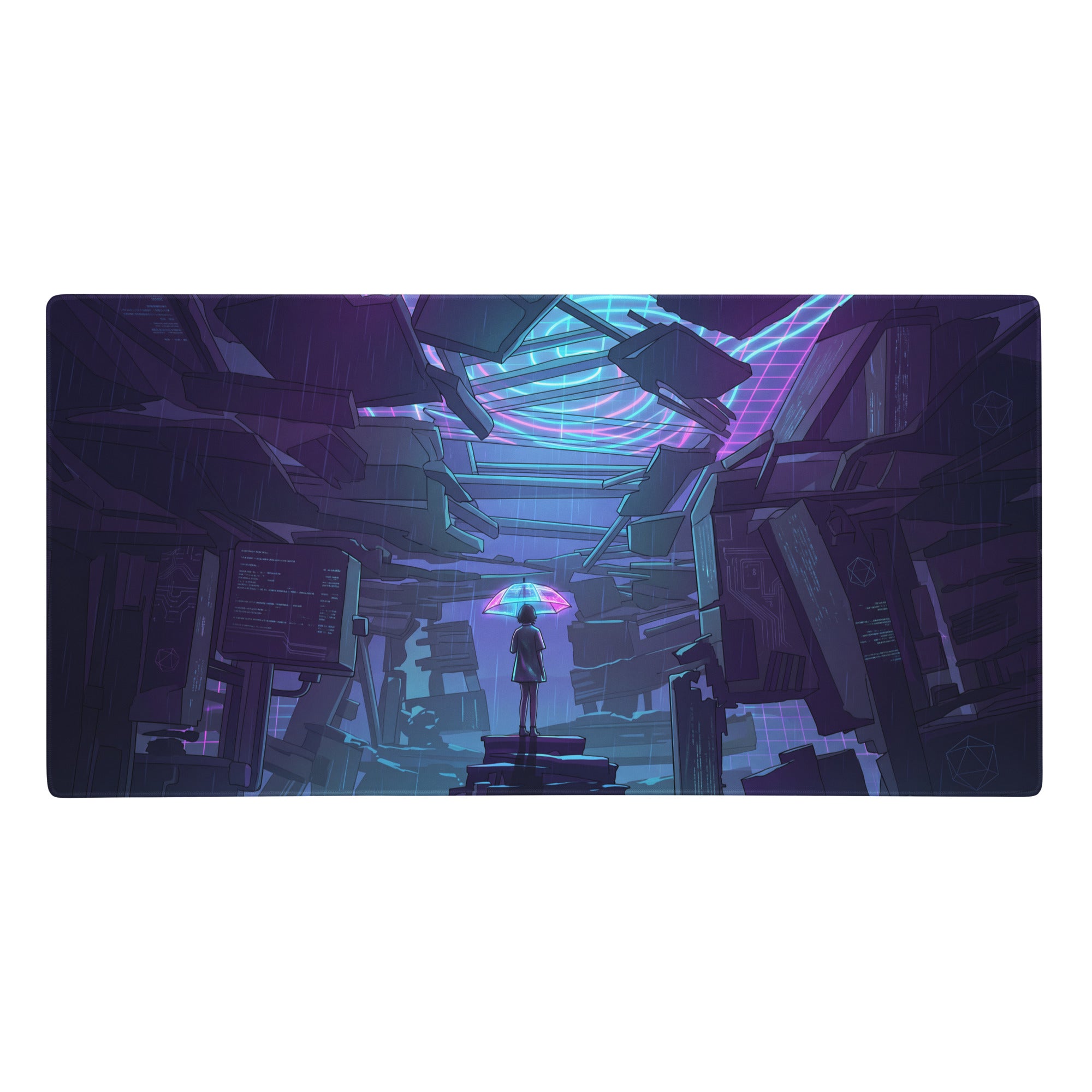 Neon vaporwave gaming mouse pad featuring a purple nebula scene with a lone figure under an umbrella in neon-lit ruins