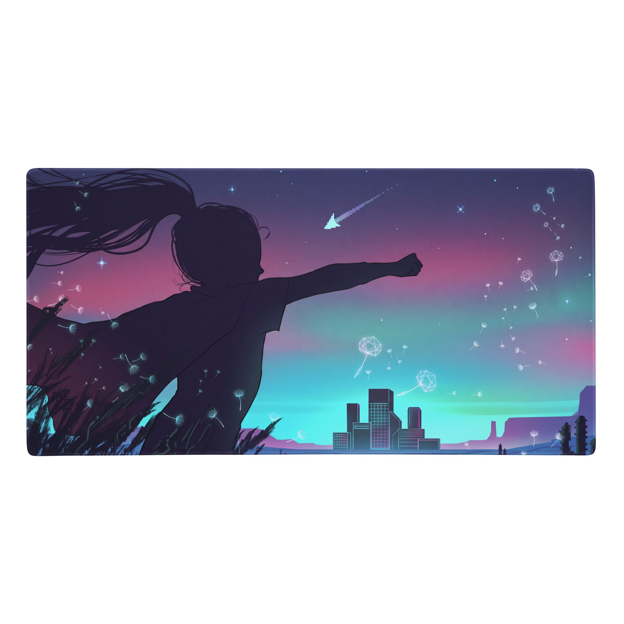 Vaporwave nightfall mouse pad featuring a purple pink gradient with a silhouette reaching toward a starry sky design