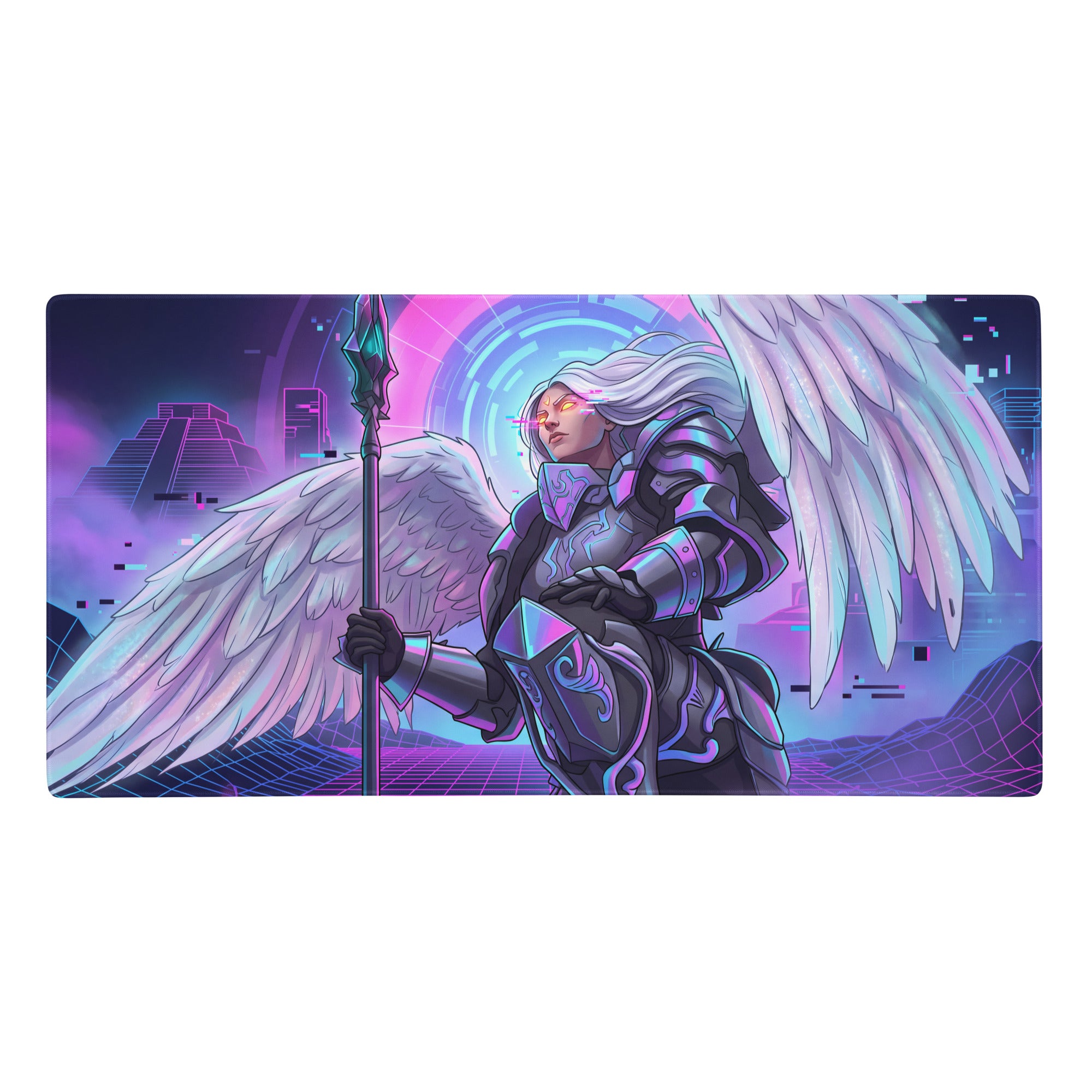 Vaporwave neon winged warrior gaming mat with purple blue angelic futuristic armor and cyberpunk cityscape design