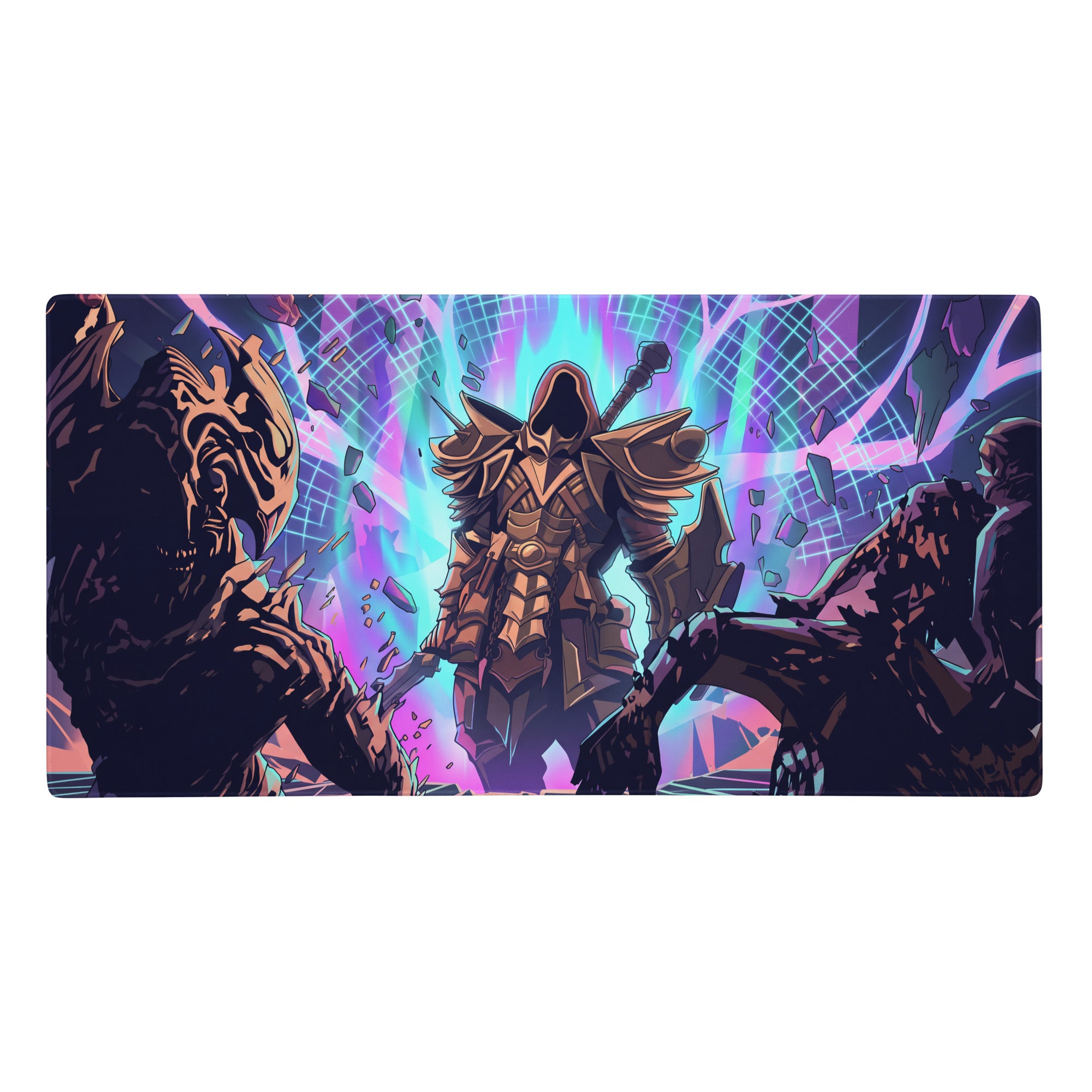 Vibrant vaporwave neon battle armor mouse pad with golden fantasy warrior on purple and cyan energy backdrop