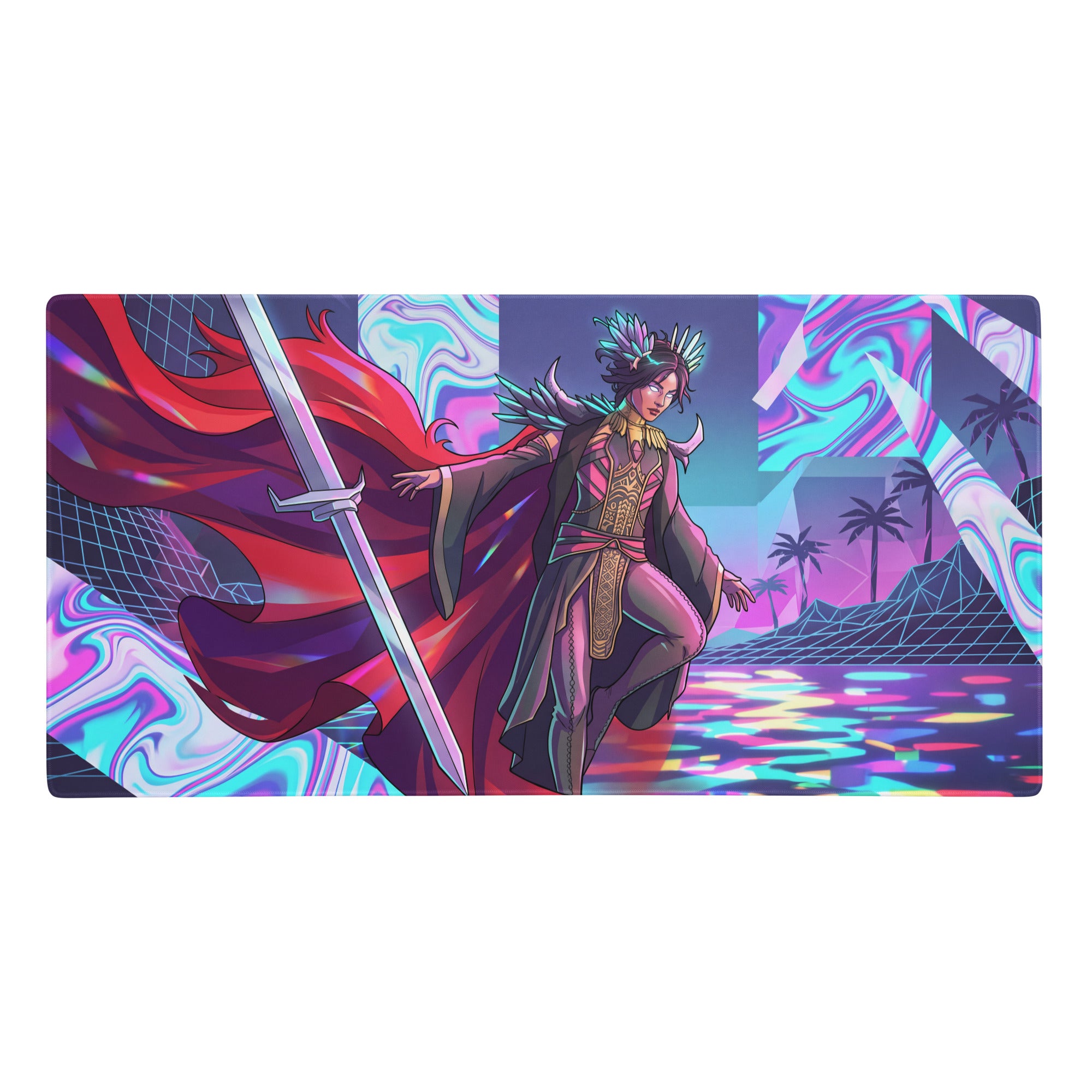 Neon vaporwave warrior mouse pad featuring vibrant neon pink and cyan abstract landscape with dark armored warrior