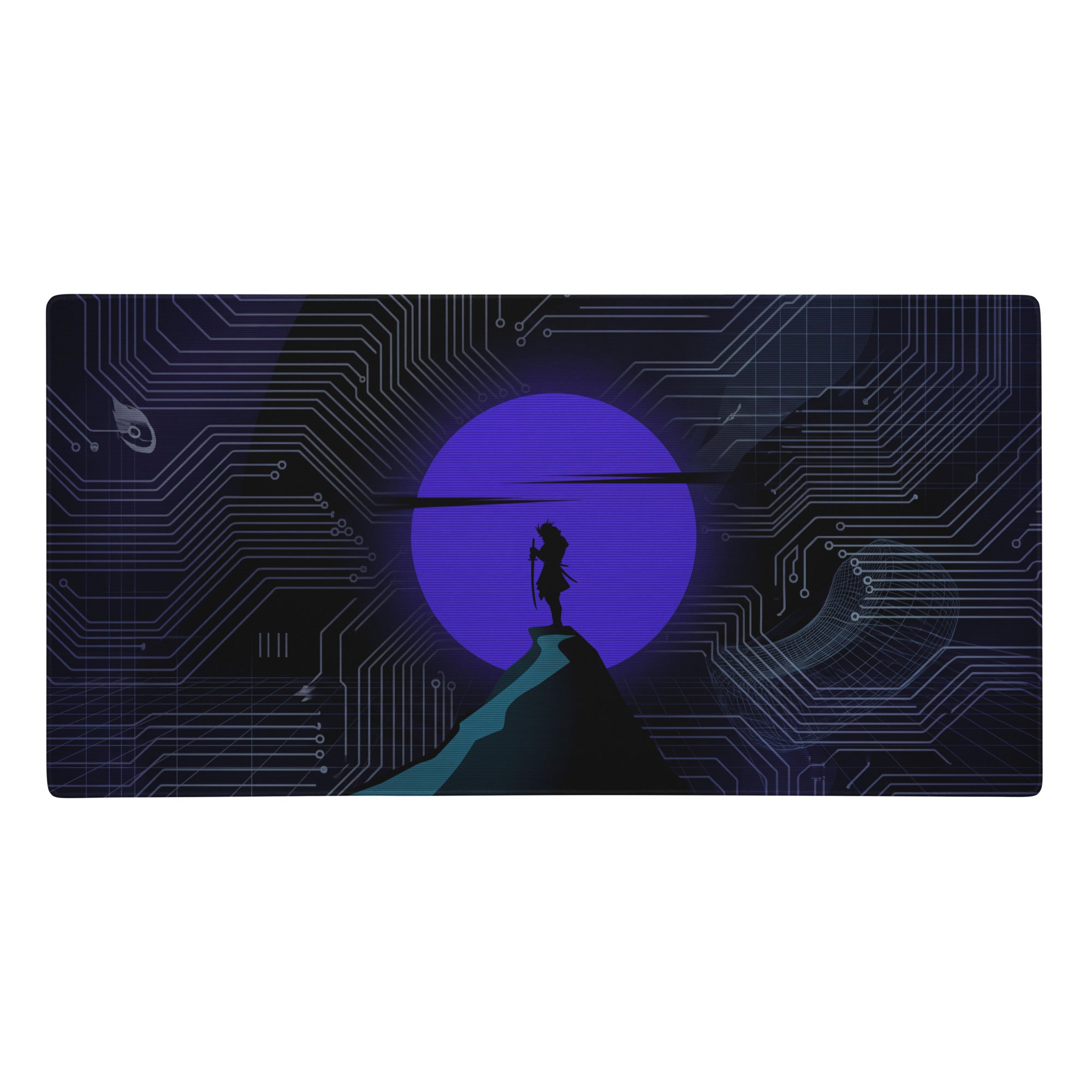 Rectangular vaporwave neon circuit gaming mat with dark blue board design and purple moon featuring silhouette figure