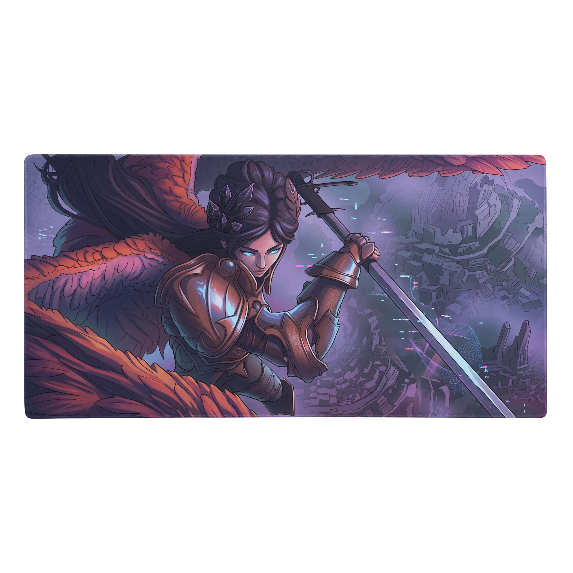 Rectangular vaporwave neon valkyrie gaming mouse pad with armored warrior orange wings blue eyes on purple pink backdrop