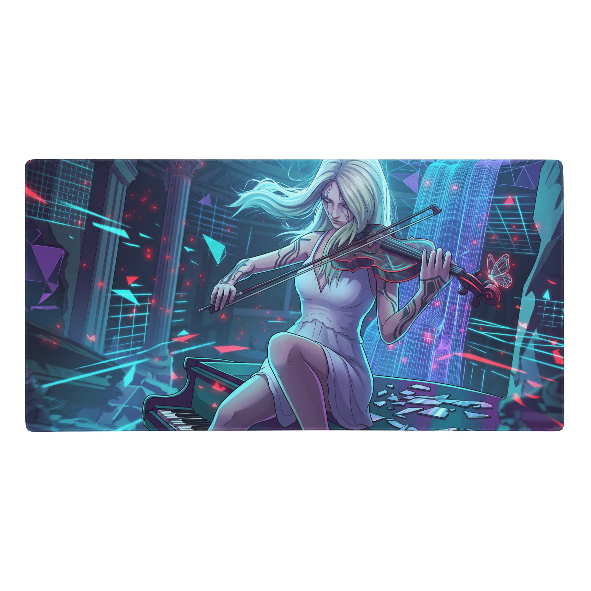 Nebula-themed vaporwave neon blue gaming mousepad with digital art of blonde woman in white dress playing violin