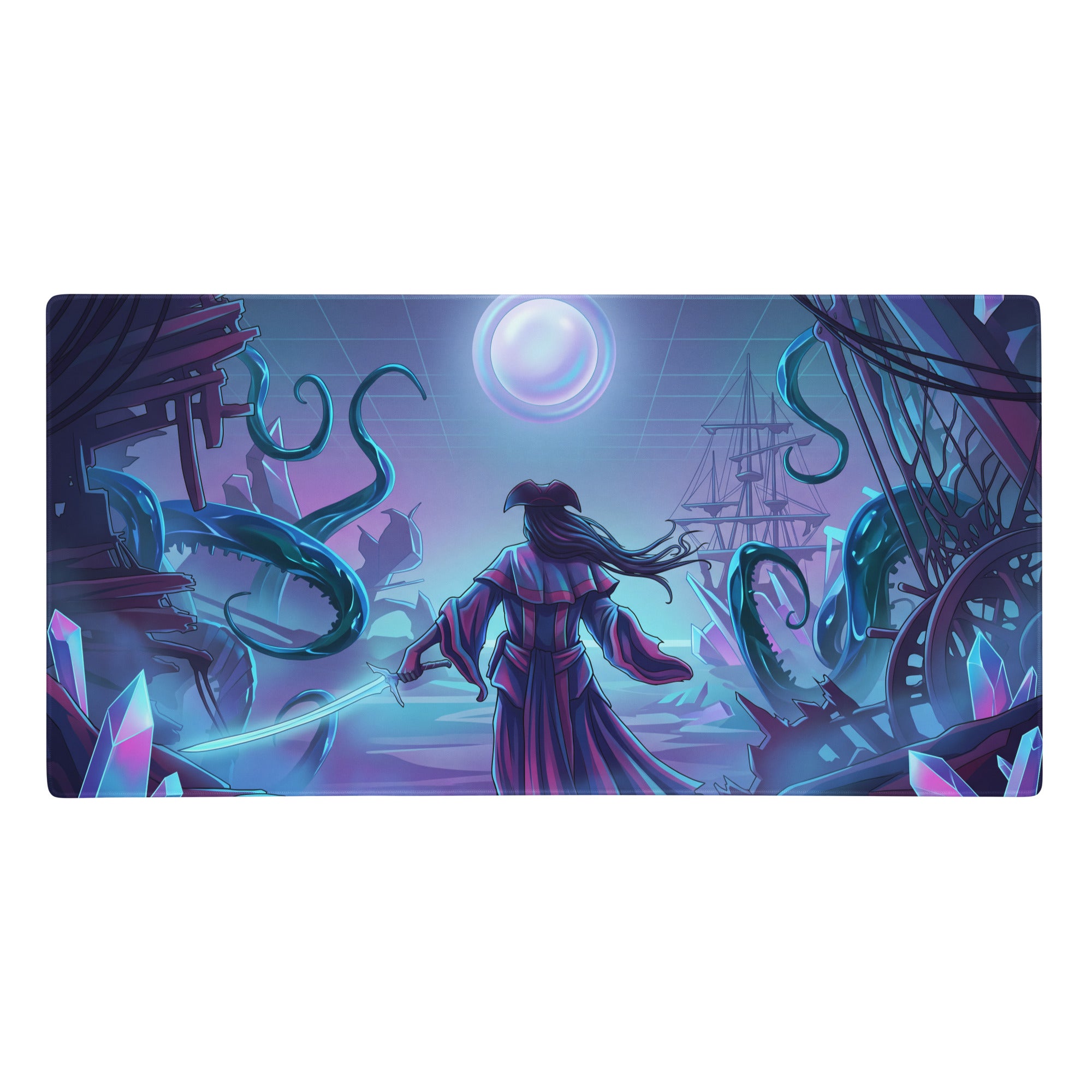 Neon vaporwave night city mouse pad featuring a purple-robed figure with sword amid glowing crystals and tentacles under moonlight