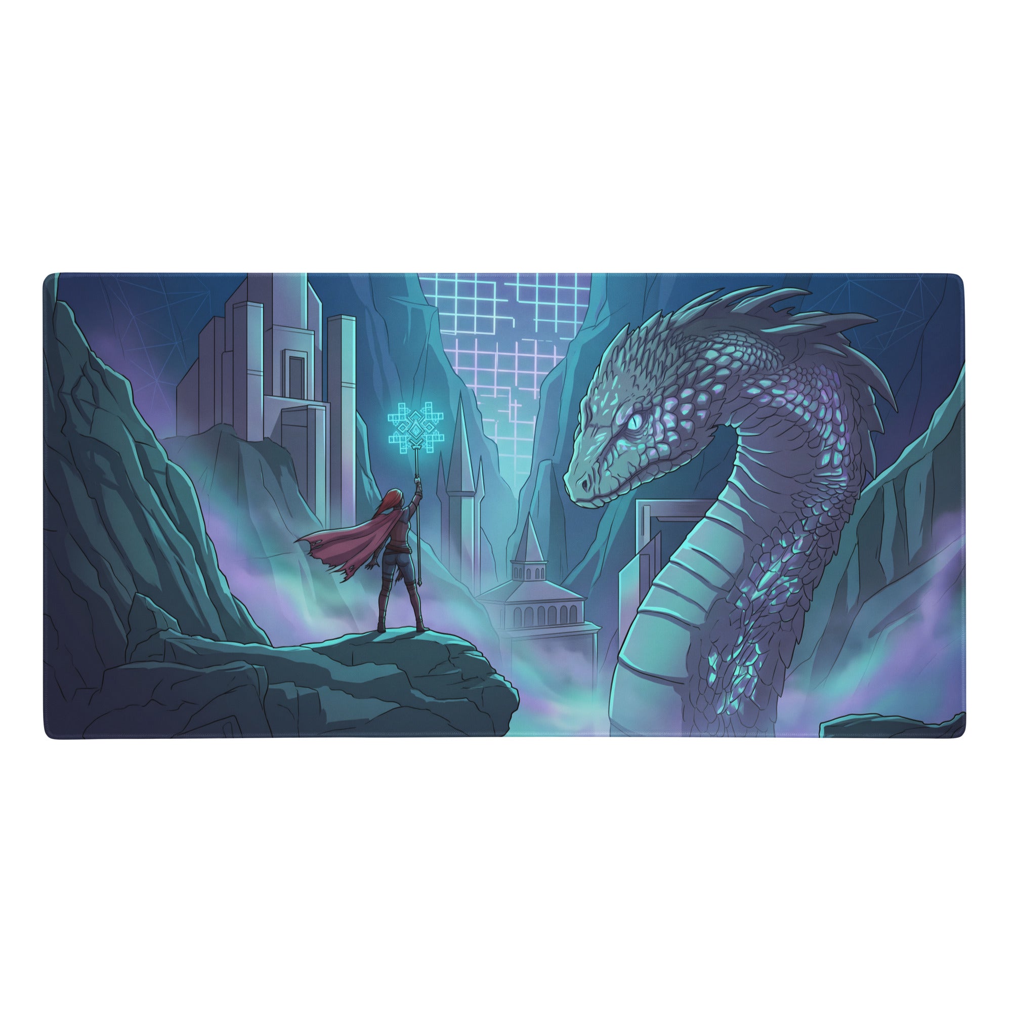 A rectangular vaporwave dragon neon desk mat with a red-cloaked figure and teal purple dragon for gaming