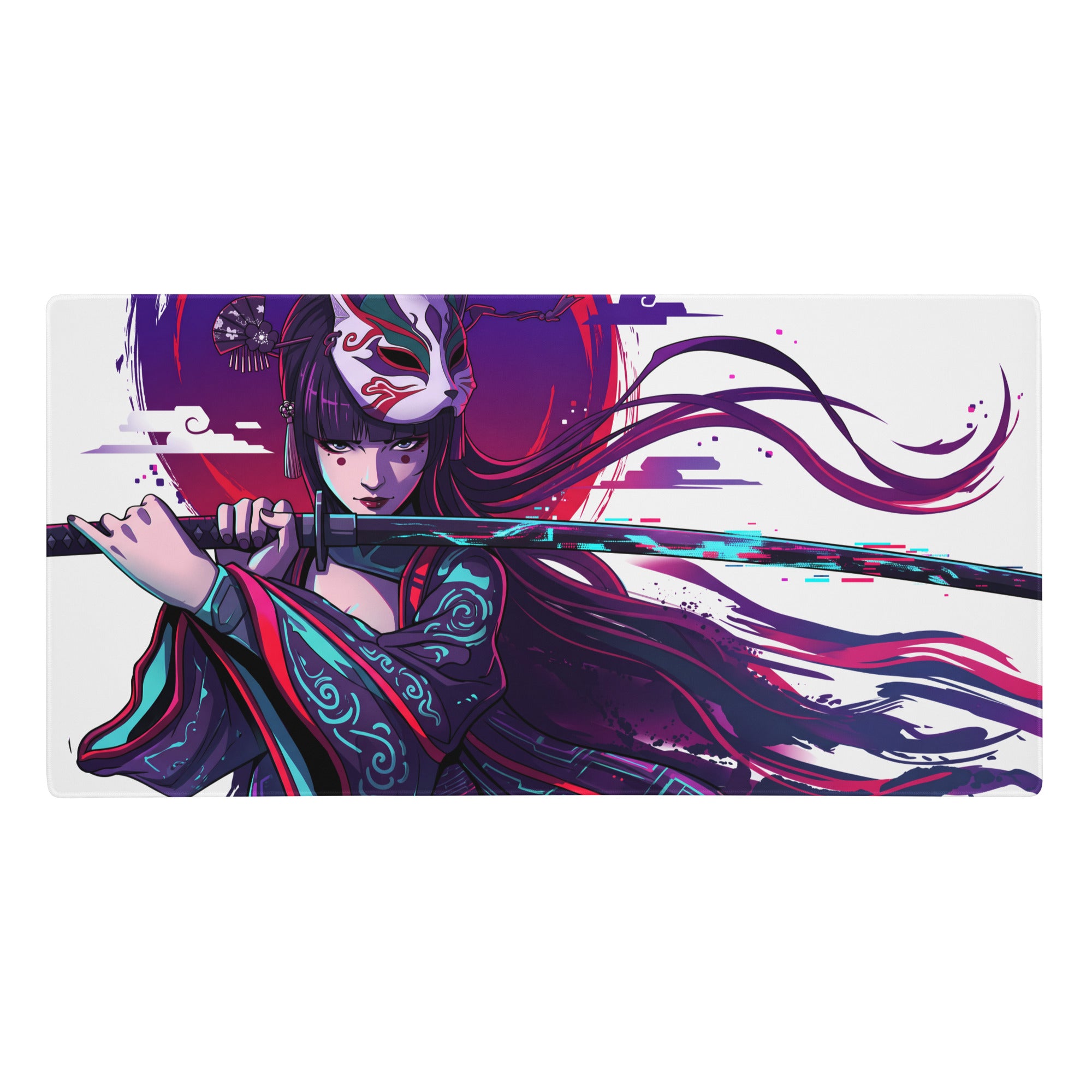Vaporwave neon samurai gaming mousepad with purple pink anime geisha warrior holding katana against red moon background