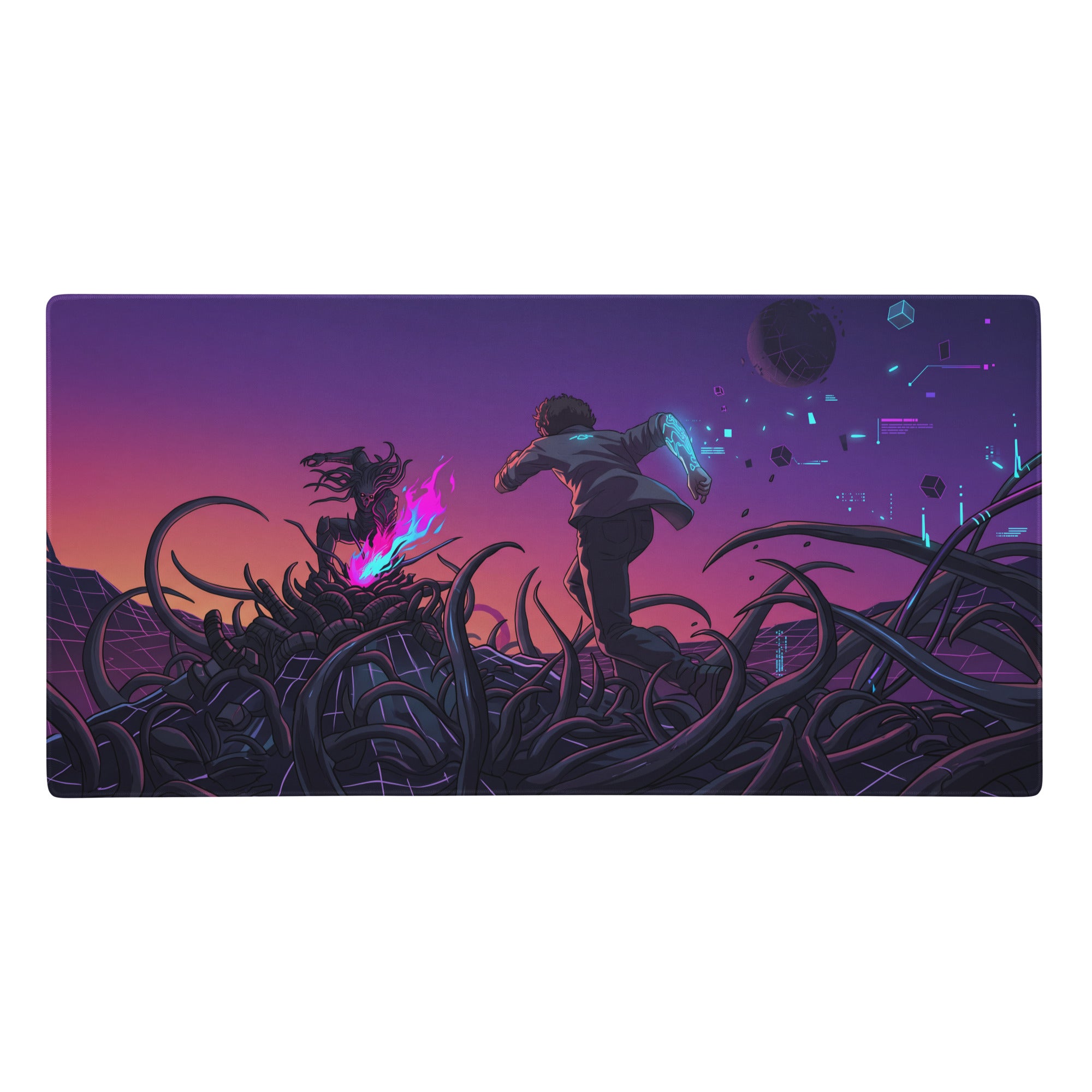 Neon vaporwave galaxy gaming mouse pad with purple pink gradient and anime cyberpunk character chasing glowing creature