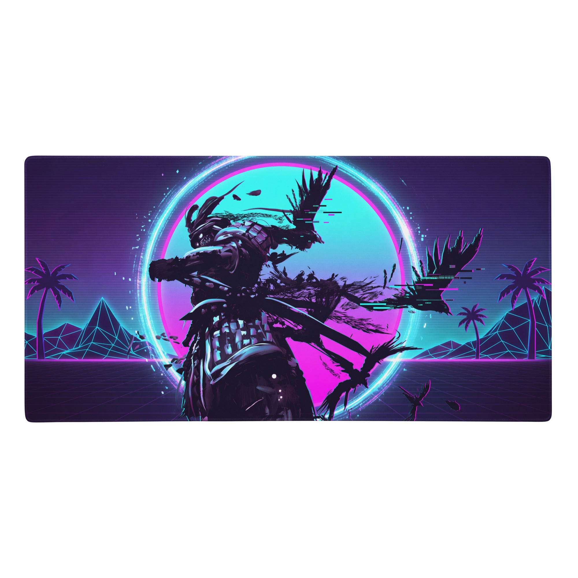 Vaporwave neon night gaming mouse pad with ninja go samurai design in vibrant purple pink cyan for cyberpunk desk setup