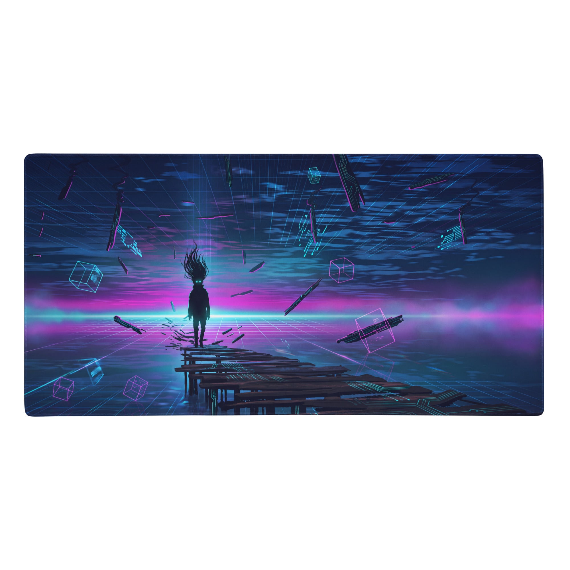 Neon vaporwave desk mat featuring a nebula-themed gaming mousepad with a silhouette on floating wooden planks against a purple and blue sky