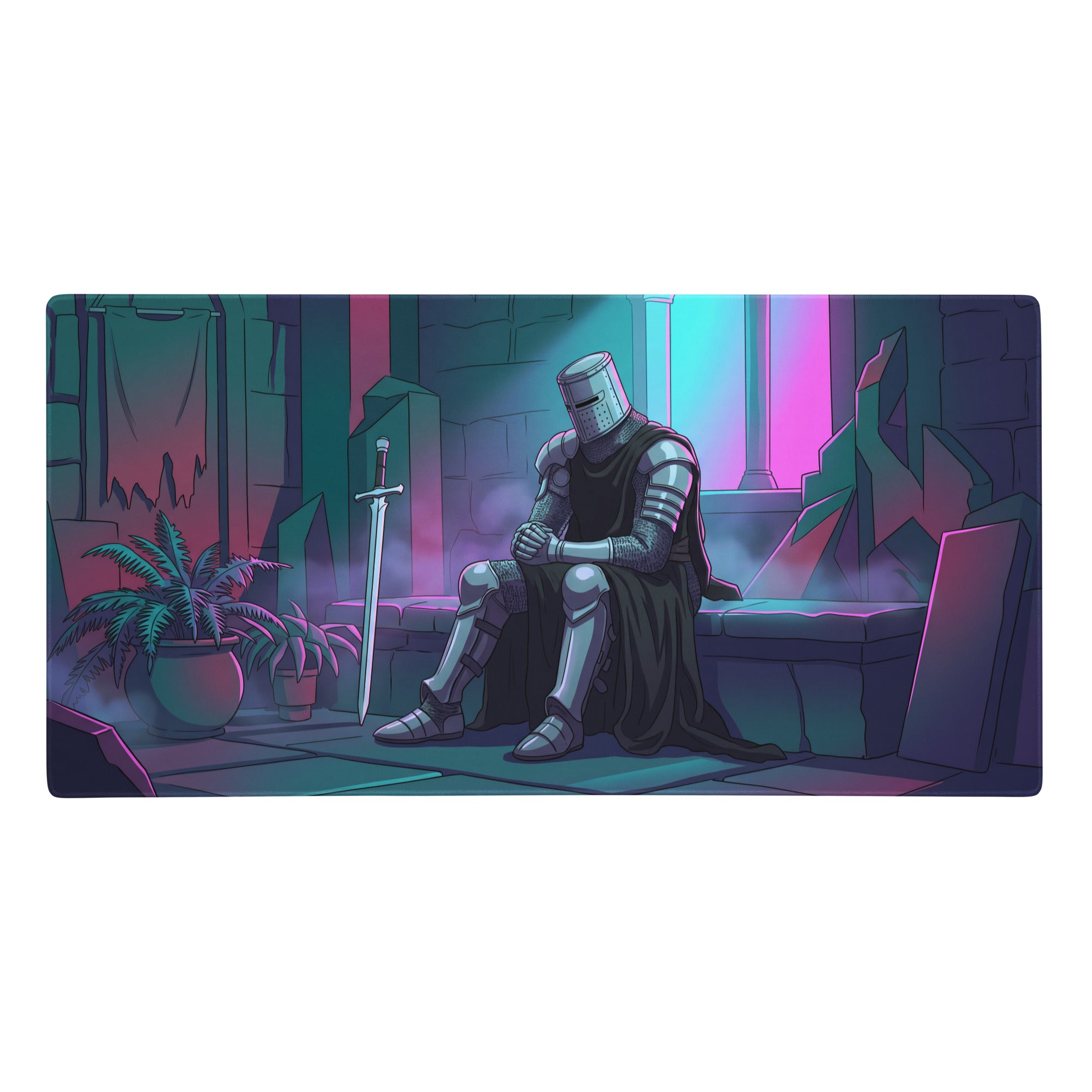 Knight vaporwave mouse pad with teal pink neon knight illustration on a moody cyberpunk stone chamber background