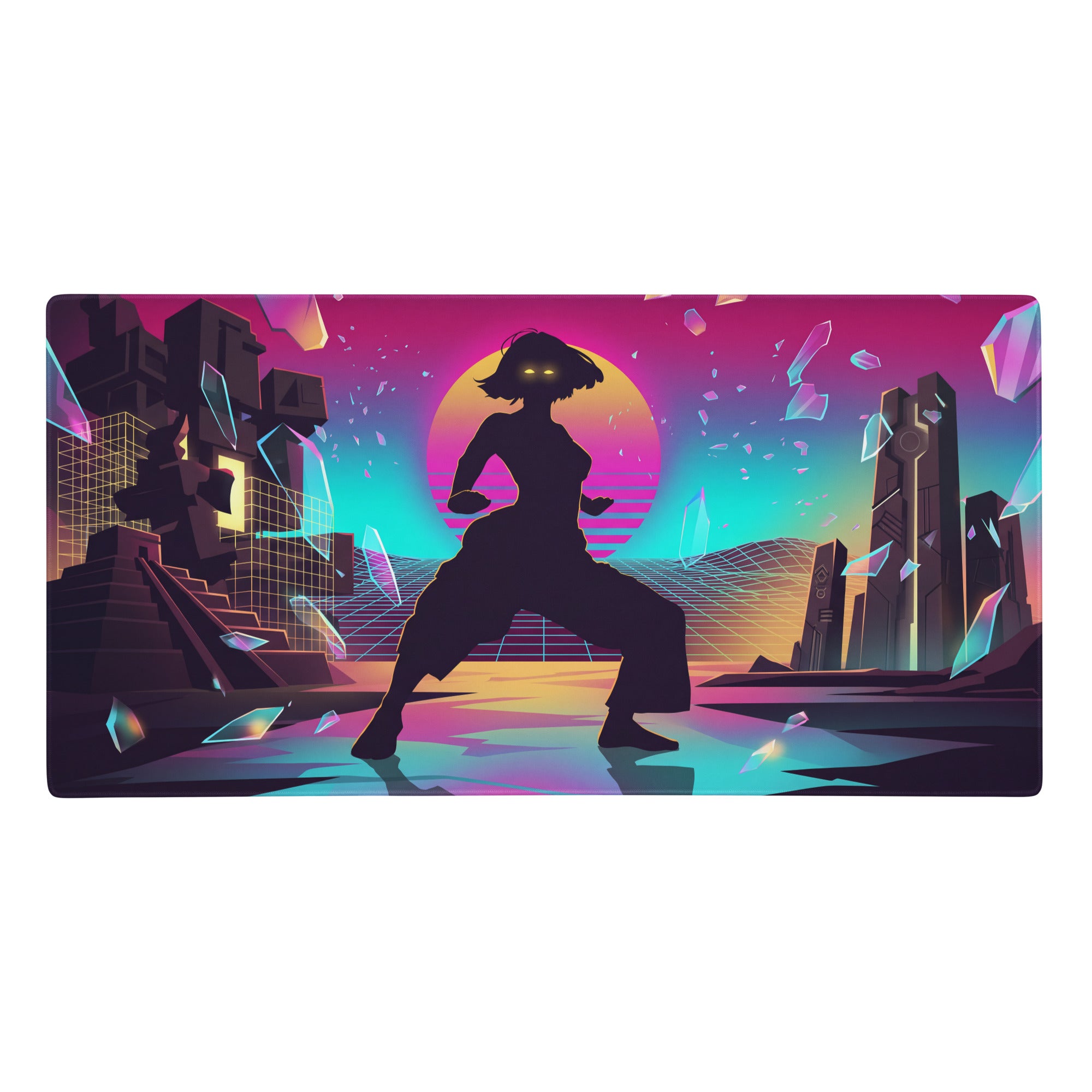 Vaporwave neon city mouse pad with vibrant pink cyan gradient sunset and silhouette on shattered glass cityscape