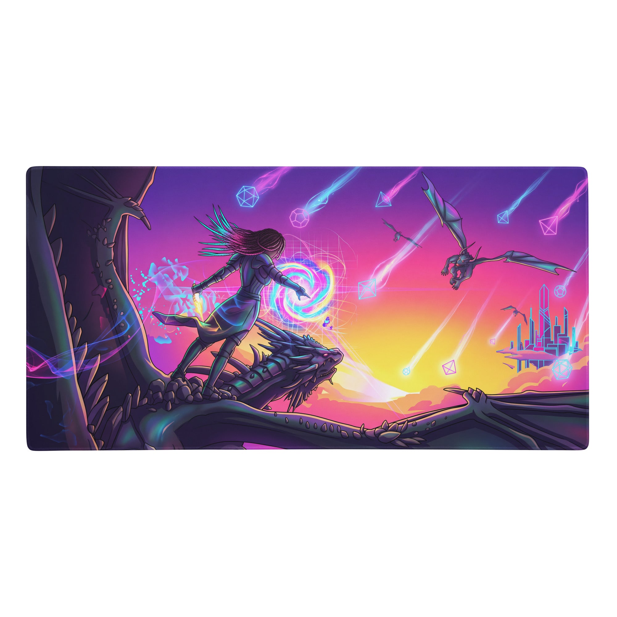 Vaporwave dragon mouse pad with neon pink purple and blue fantasy design featuring warrior on dragon for gaming use