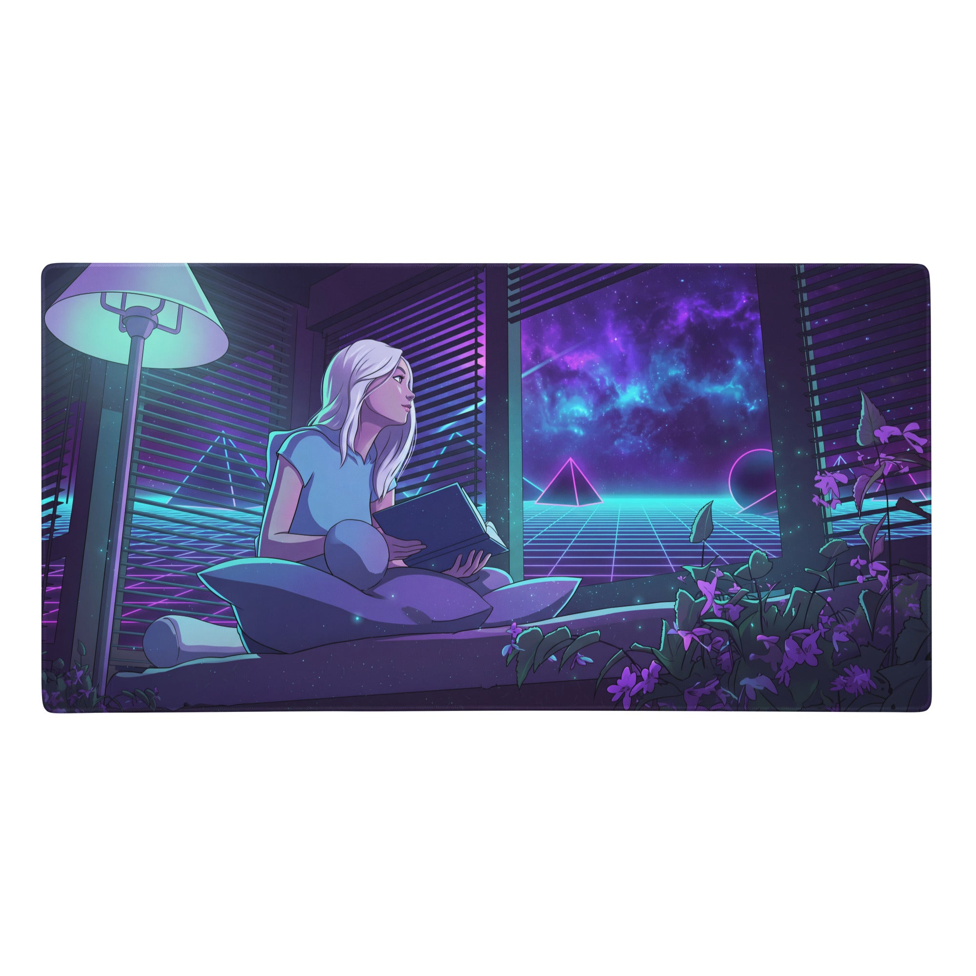 Neon vaporwave gaming desk pad with purple and teal colors featuring a woman with white hair by a glowing grid window